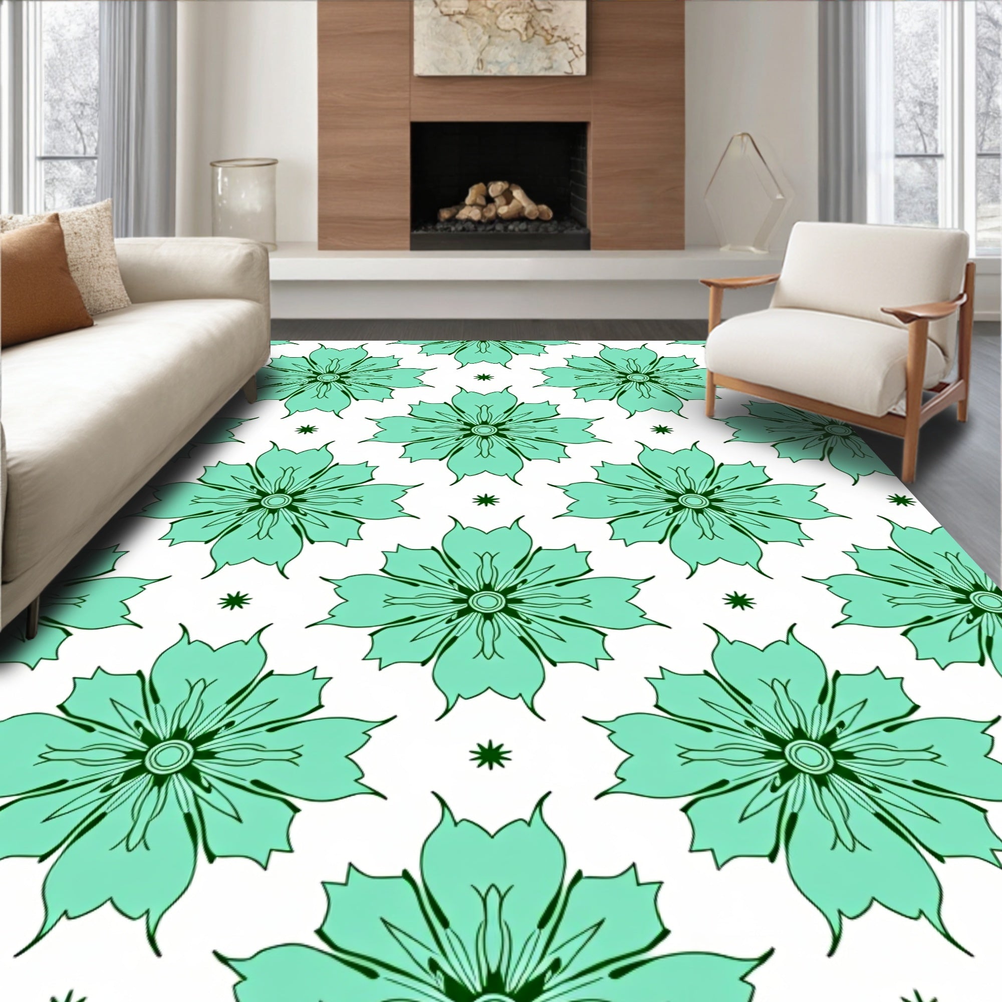 Aqua Floral Patterned Tile Rug