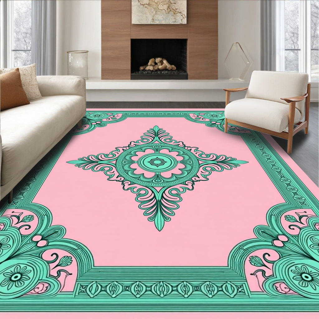 Fancy Teal Floral Frame Design Rug