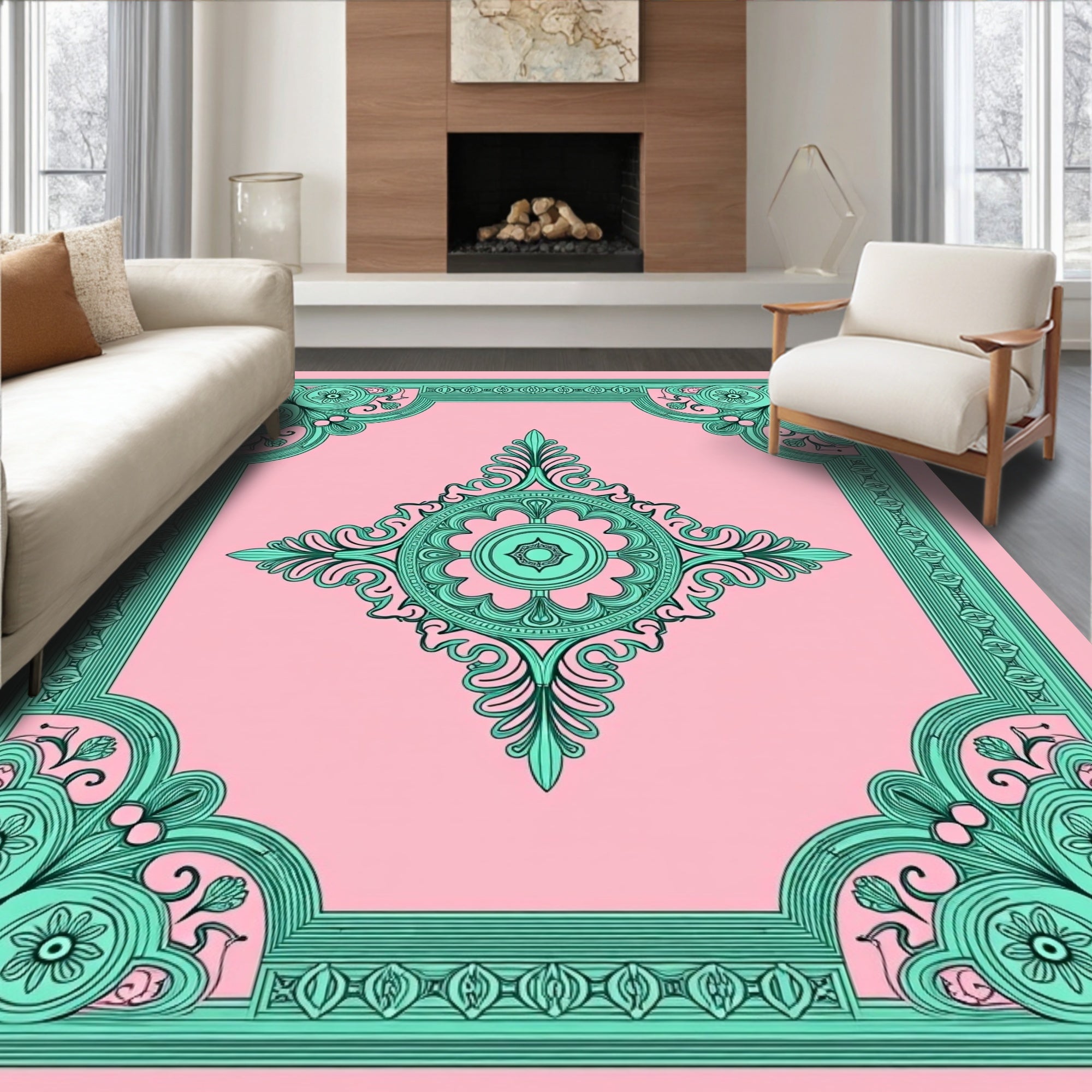 Fancy Teal Floral Frame Design Rug
