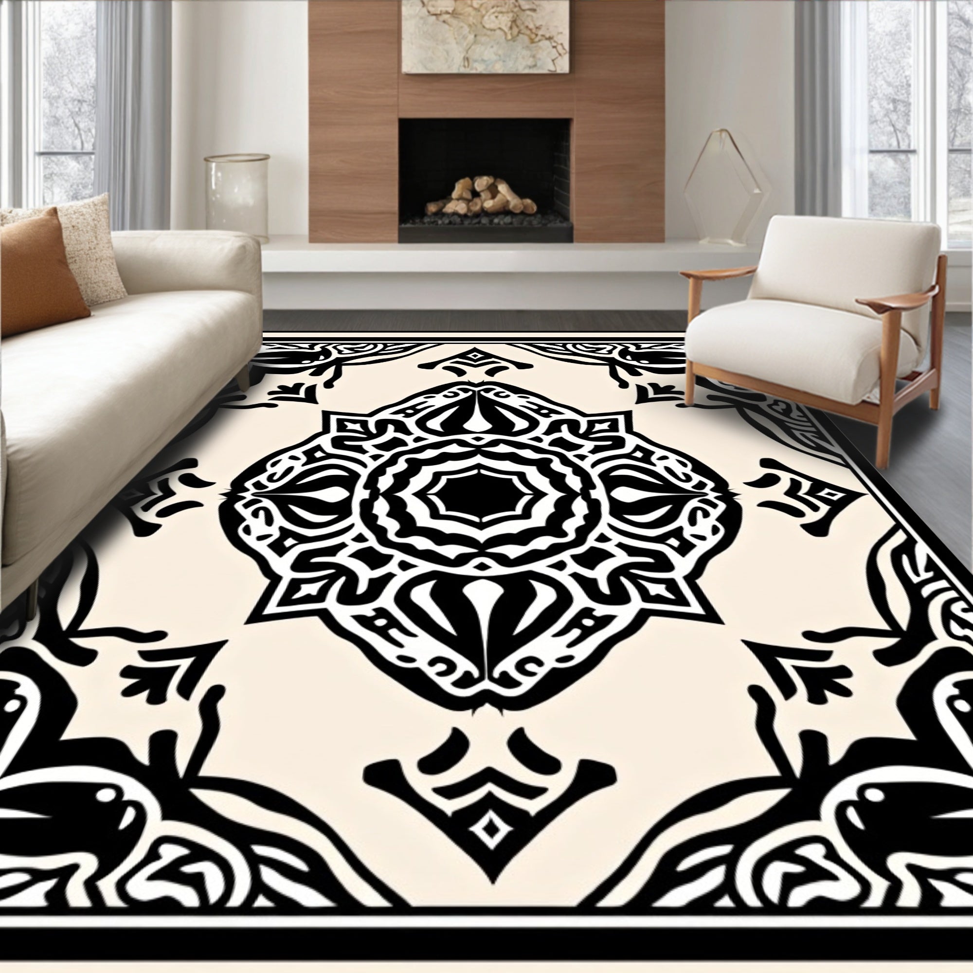 Elegant Black White Mandala Pattern Rug