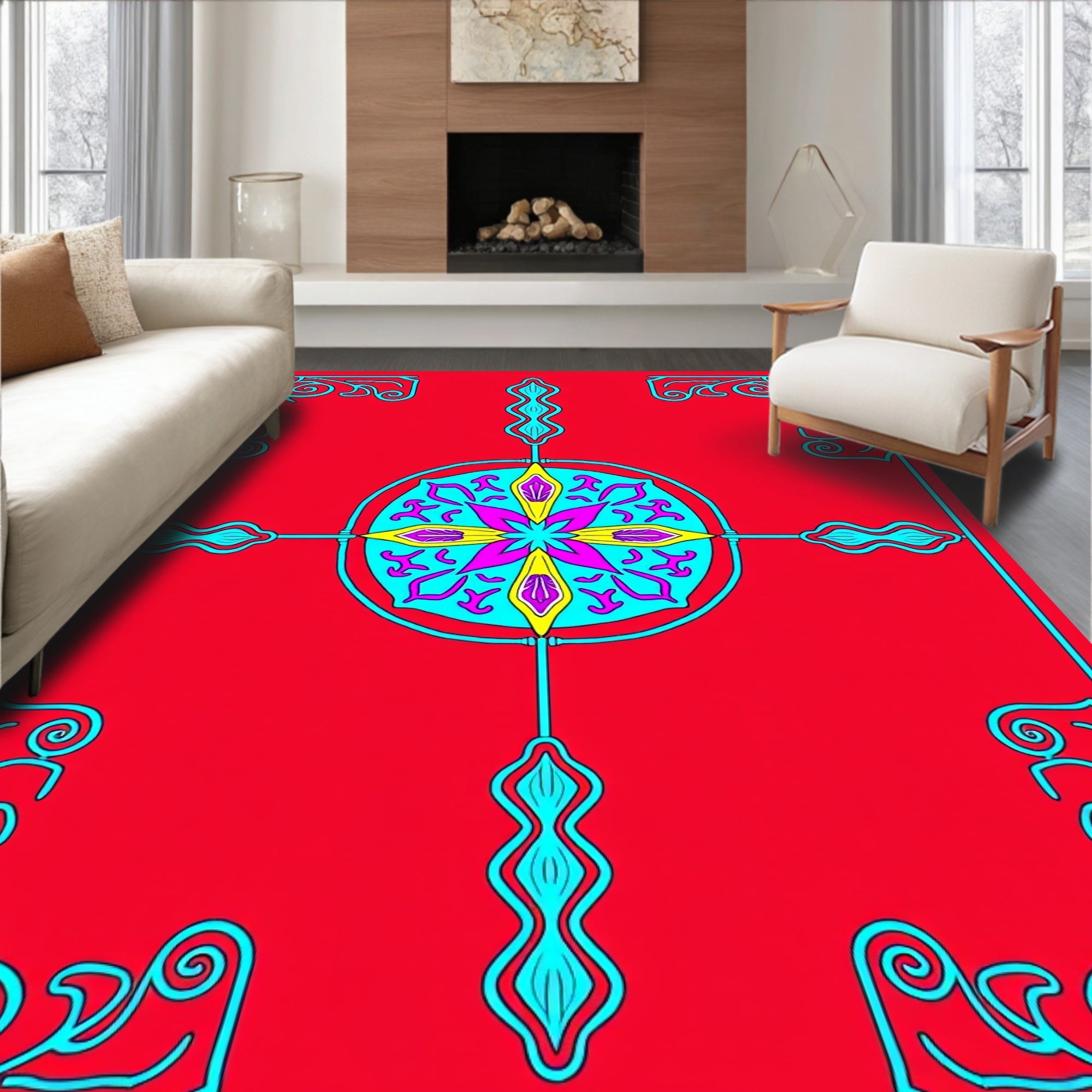 Vibrant Floral Starburst Mandala Rug