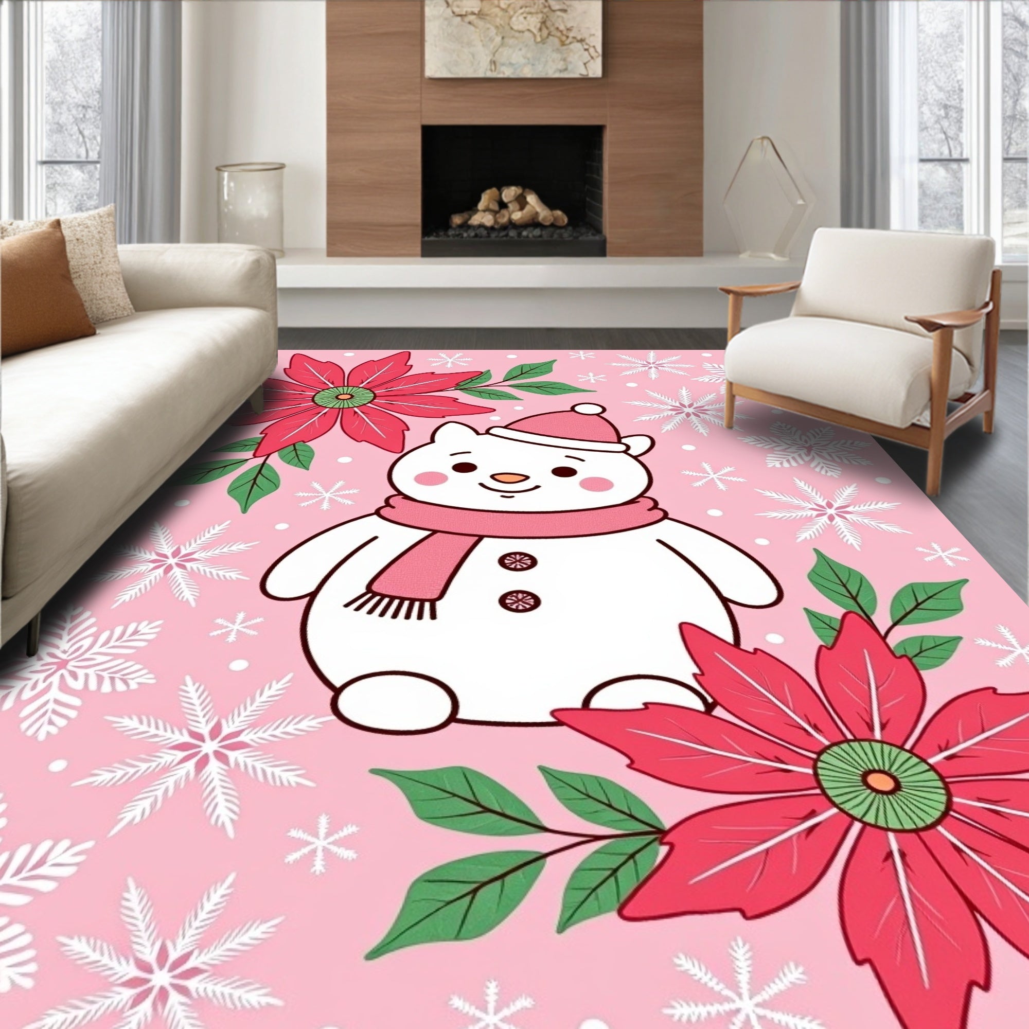 Pink Snowman with Poinsettia Snowflakes Rug