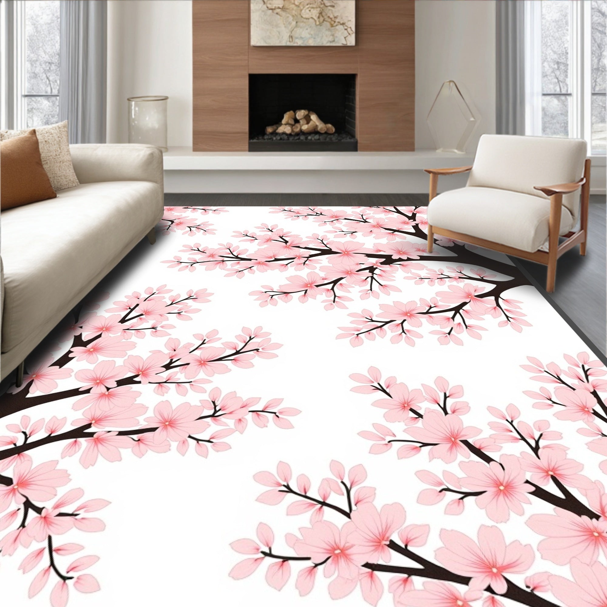 Pink Flower Branches Nature Design Rug