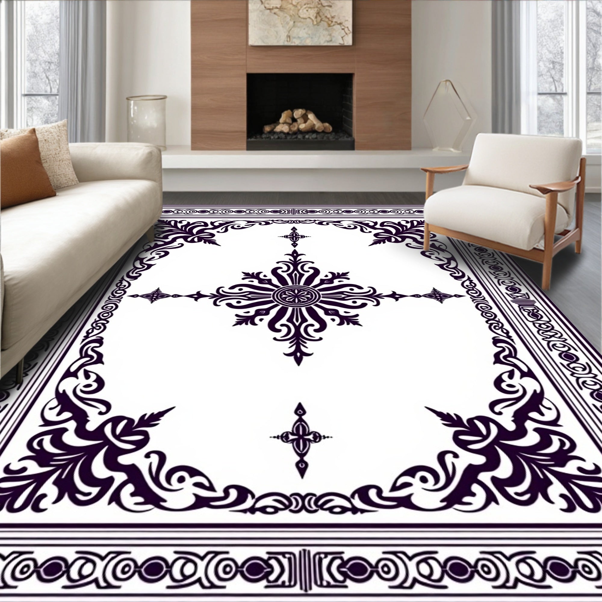 Ornate Floral Scroll Border Design Rug