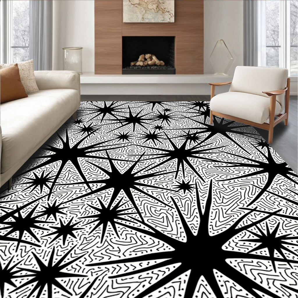 Black Starburst Patterned Abstract Rug