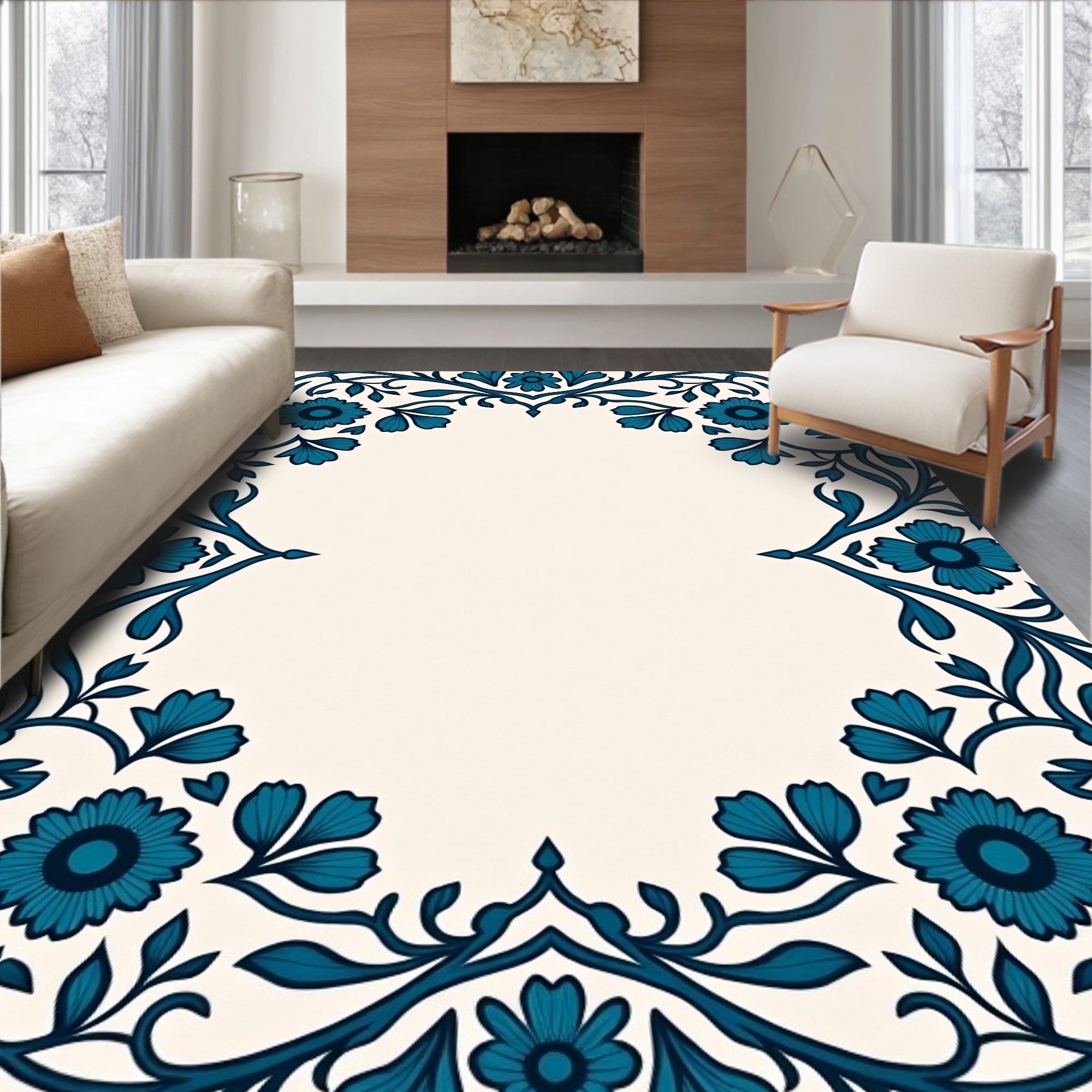 Teal Floral Vine Pattern Rug