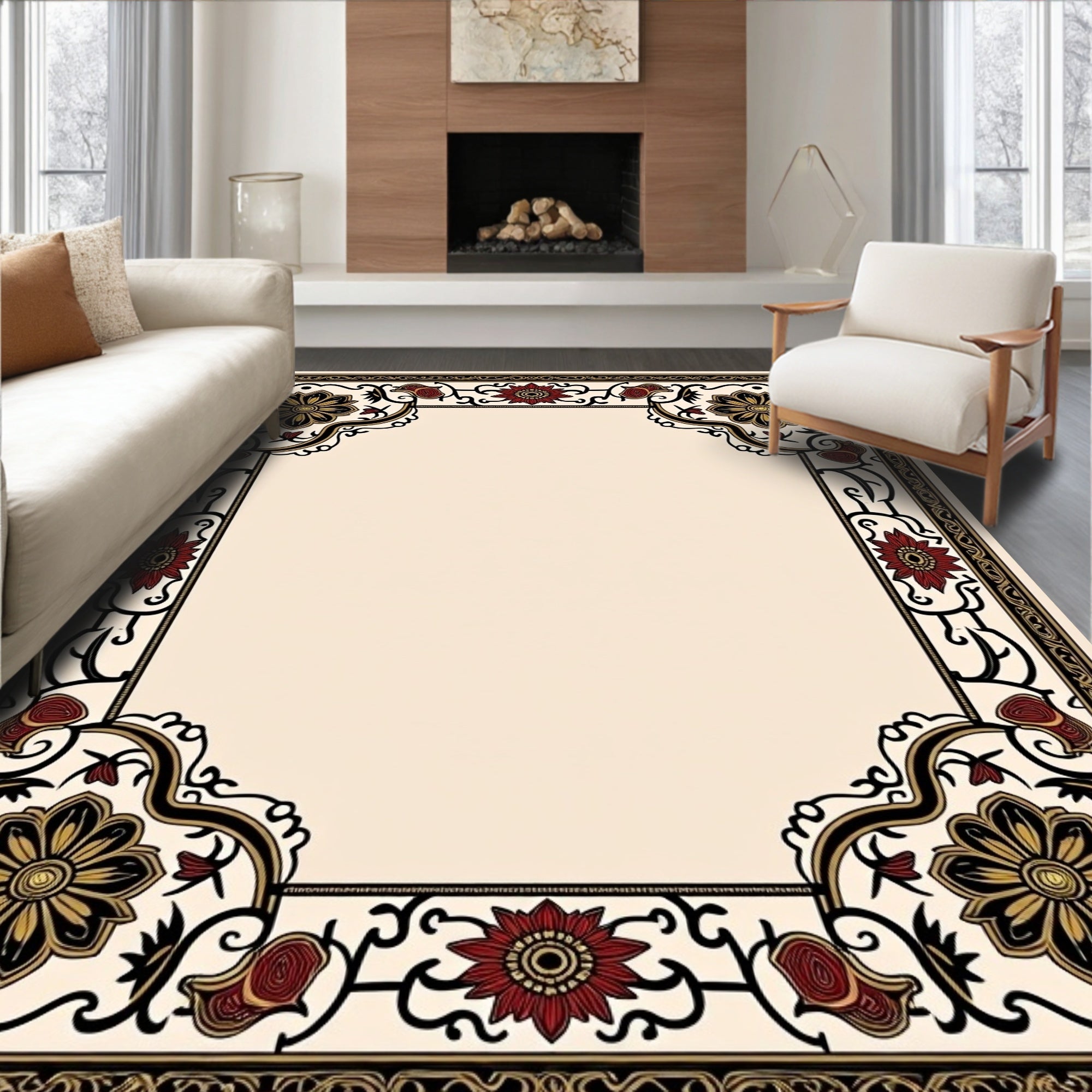 Ornate Floral Border Design Rug
