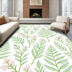 Delicate Green Fern Pink Bloom Pattern Rug