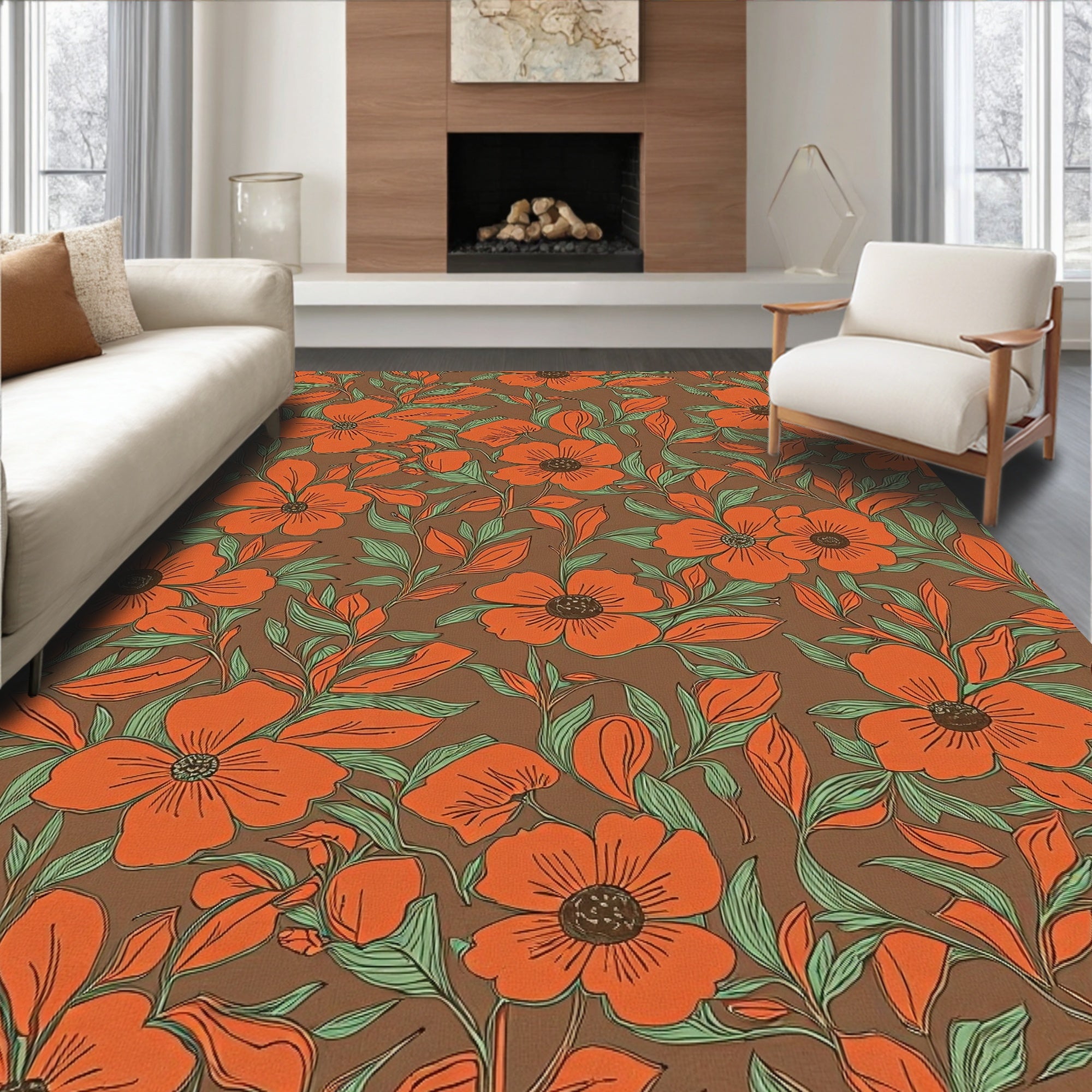 Vintage Orange Floral Pattern Rug