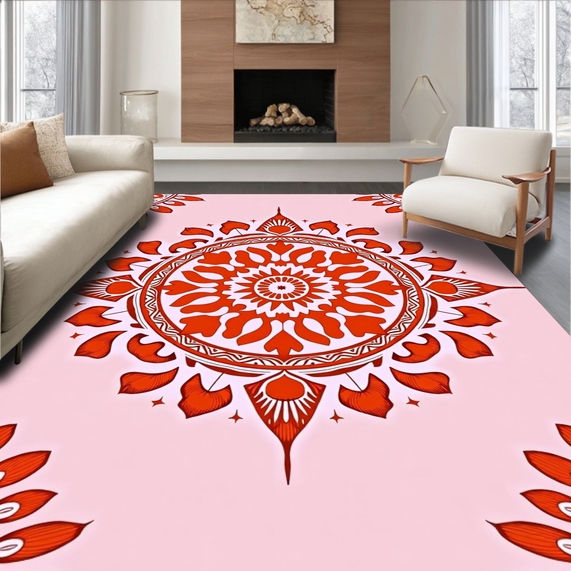 Red Mandala Burst Pattern Rug