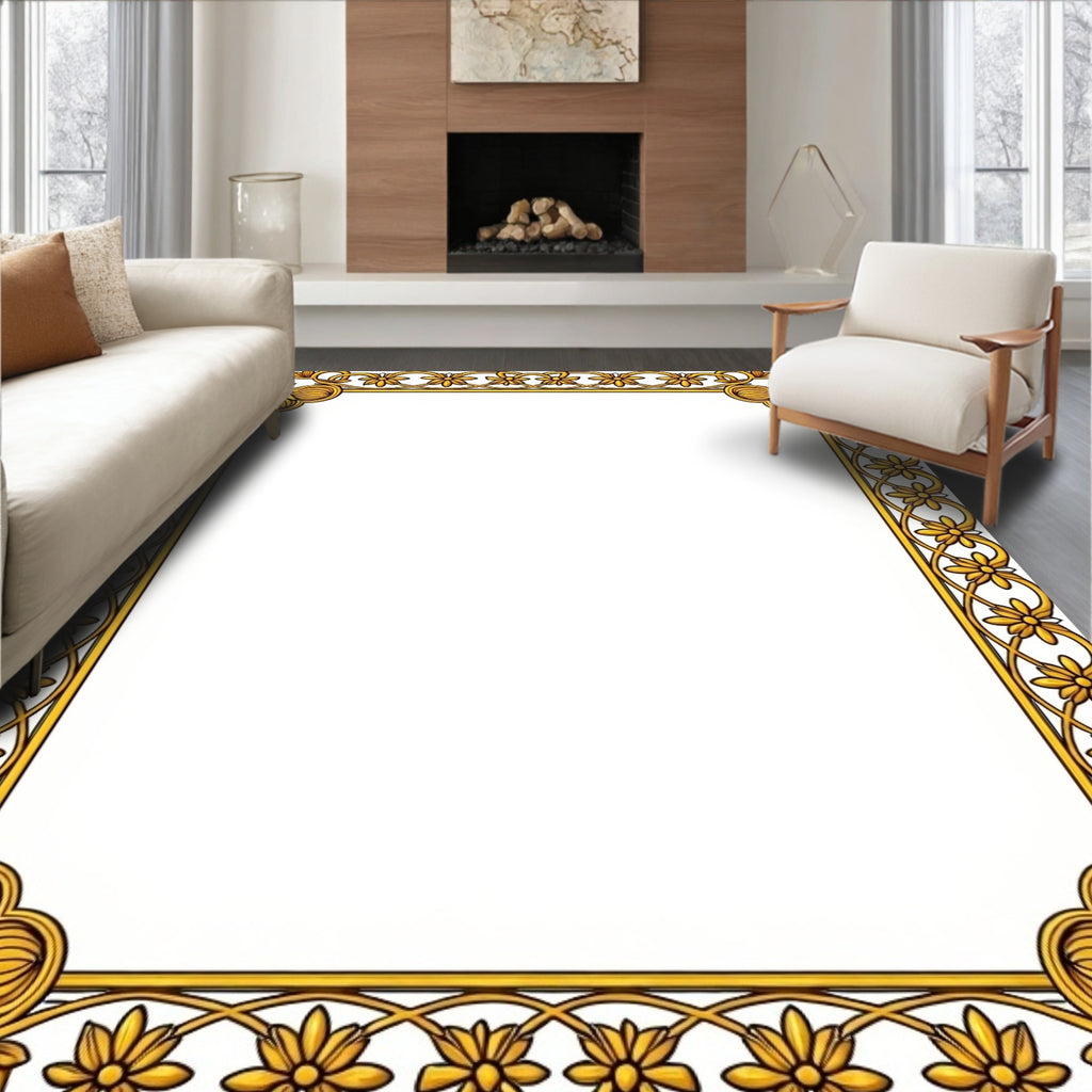 Ornate Gold Floral Border Design Rug