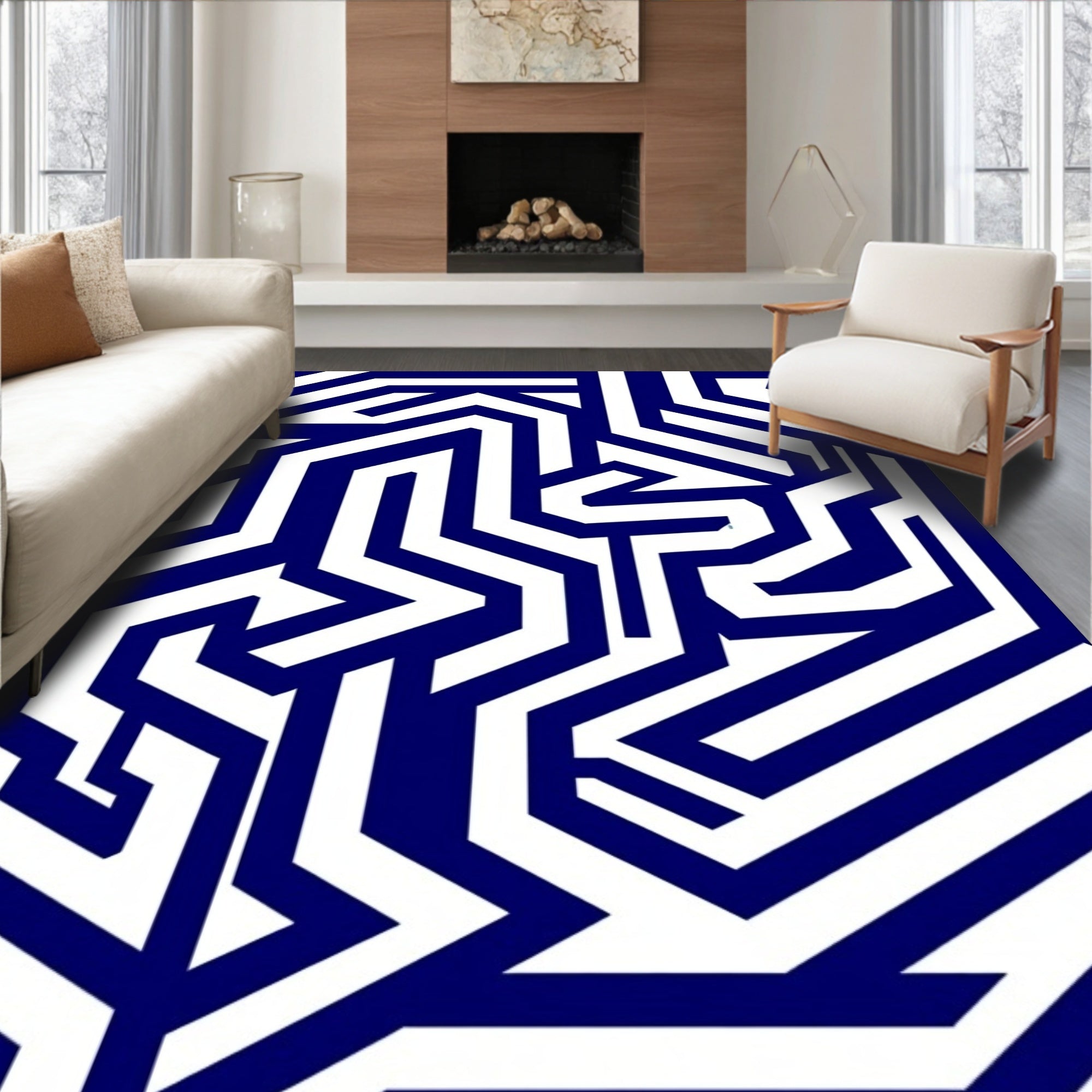Bold White Navy Geometric Maze Design Rug