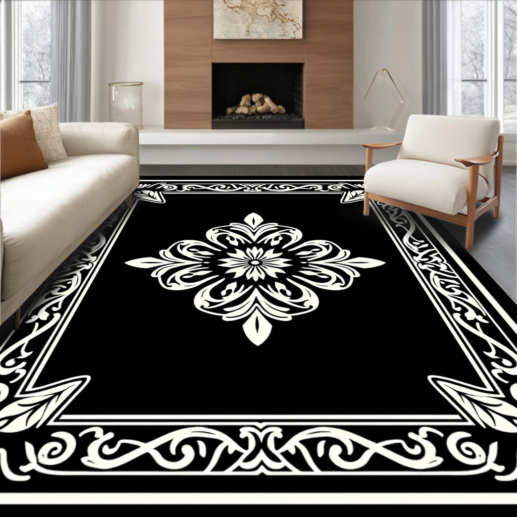 Ornate Floral Border Black White Rug