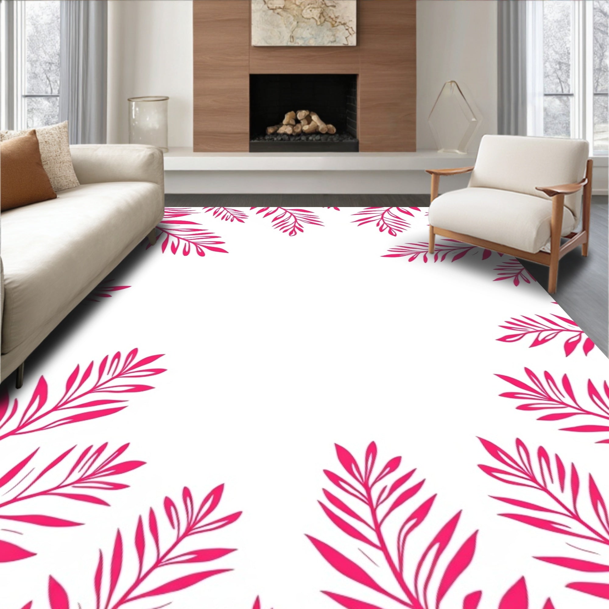 Pink Leafy Tropical Border Design Rug