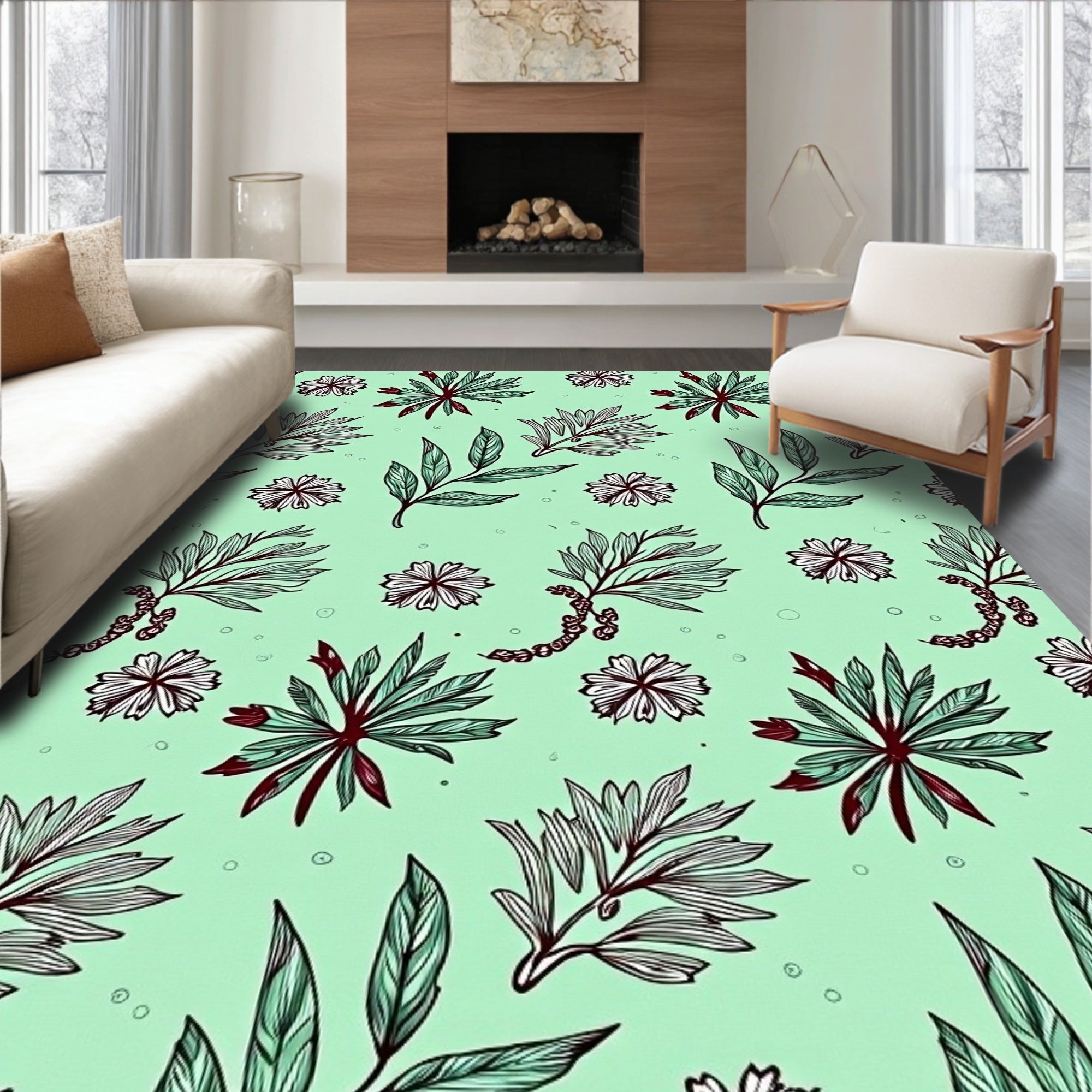 Soft Mint Botanical Leaf Blossom Rug