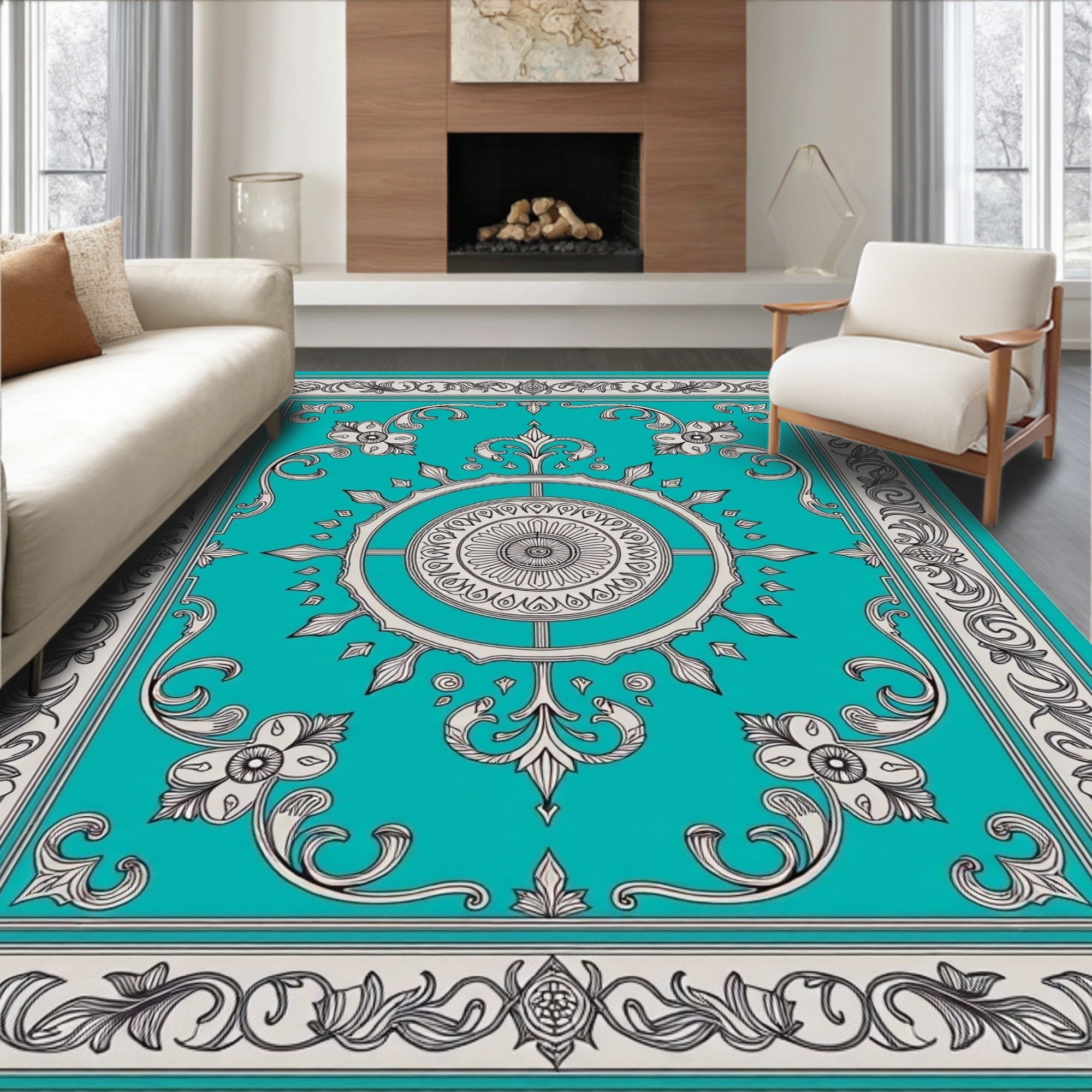 Ornate Teal Grey Floral Medallion Rug