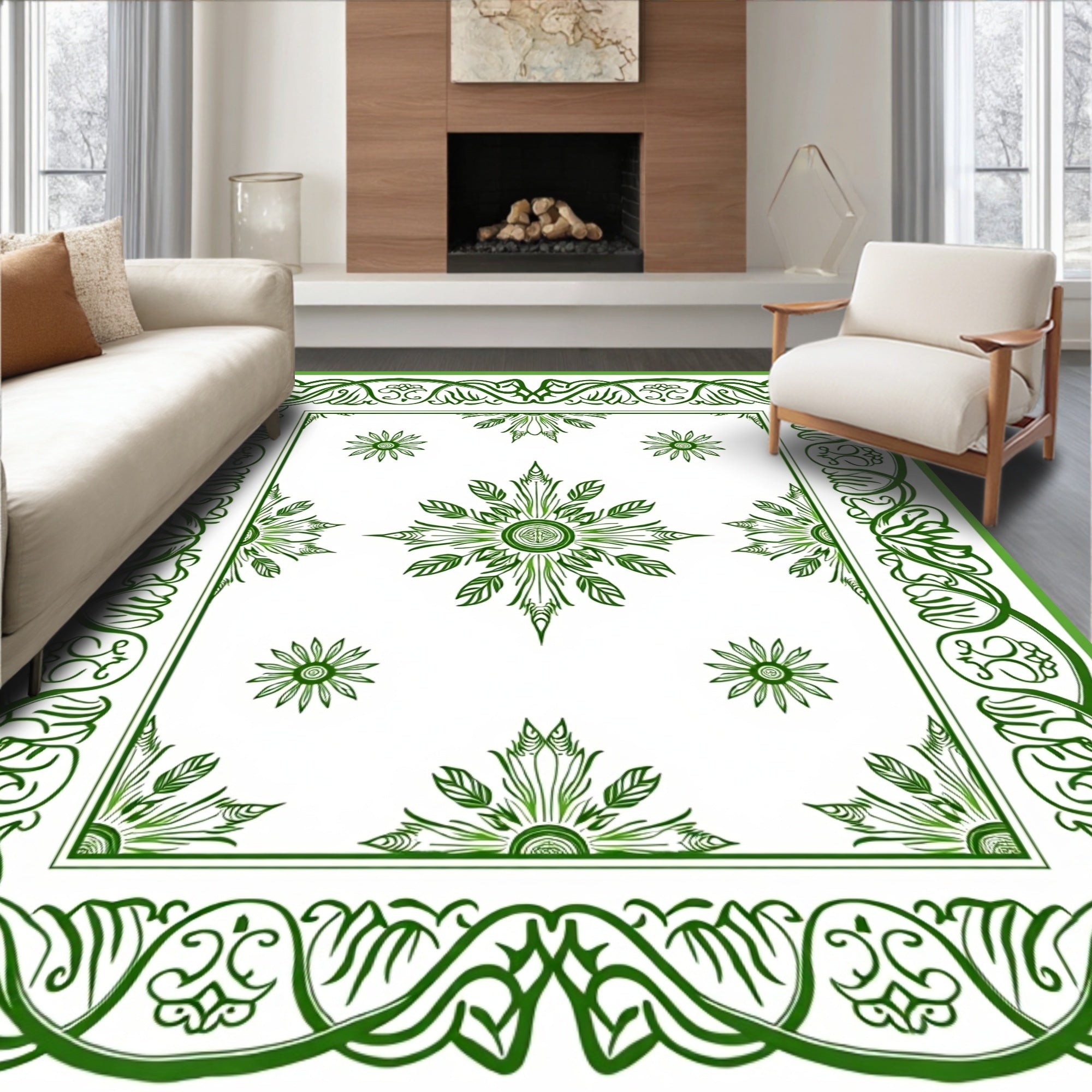 Elegant Green Floral Scrollwork Design Rug