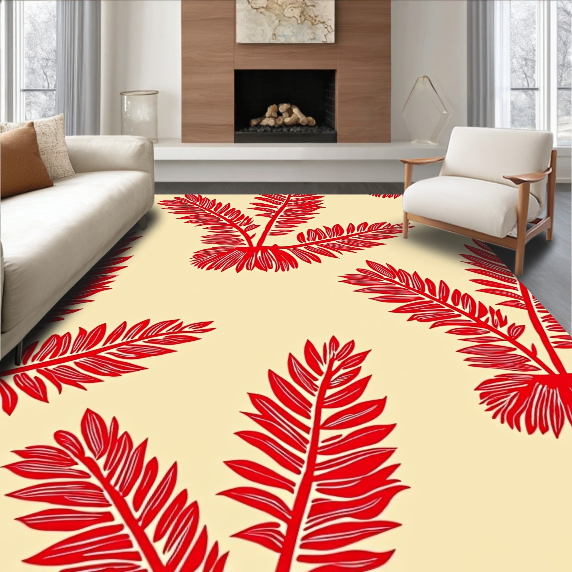 Red Leaf Patterned Modern Design Rug