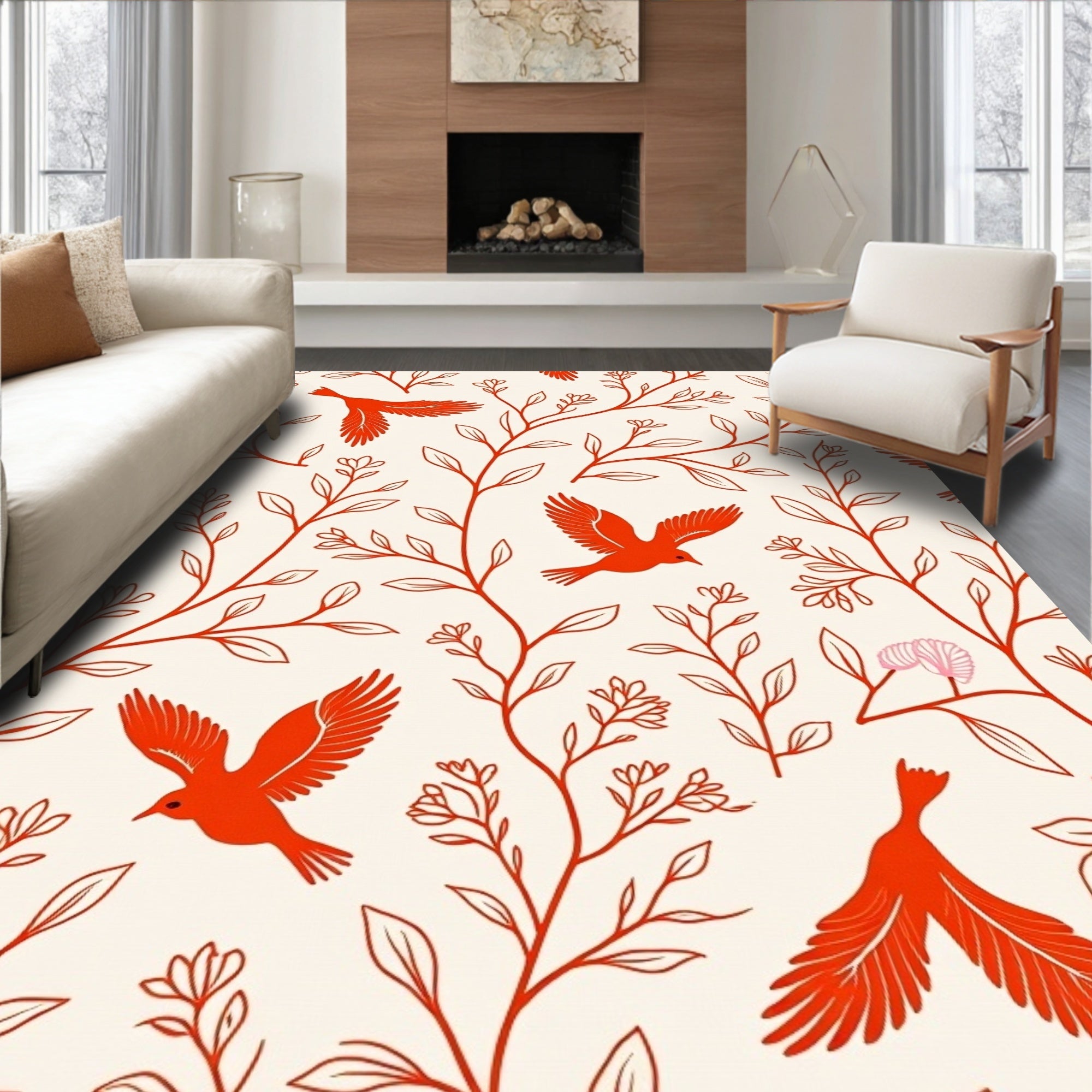 Vibrant Red Birds and Branches Pattern Rug