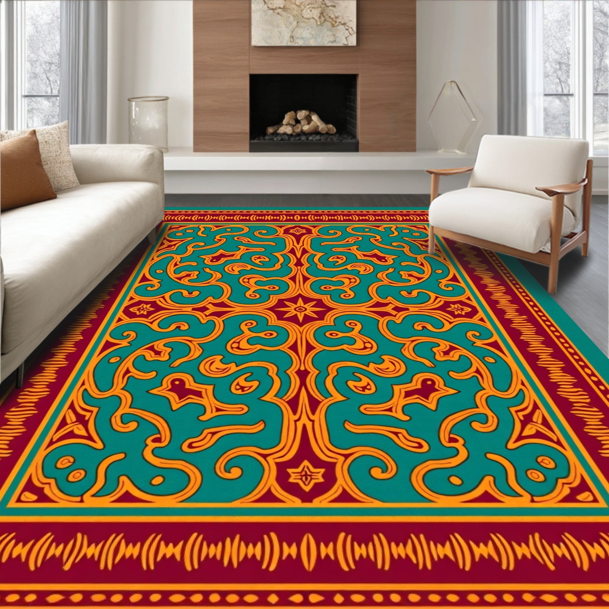 Ornate Teal Gold Floral Pattern Rug