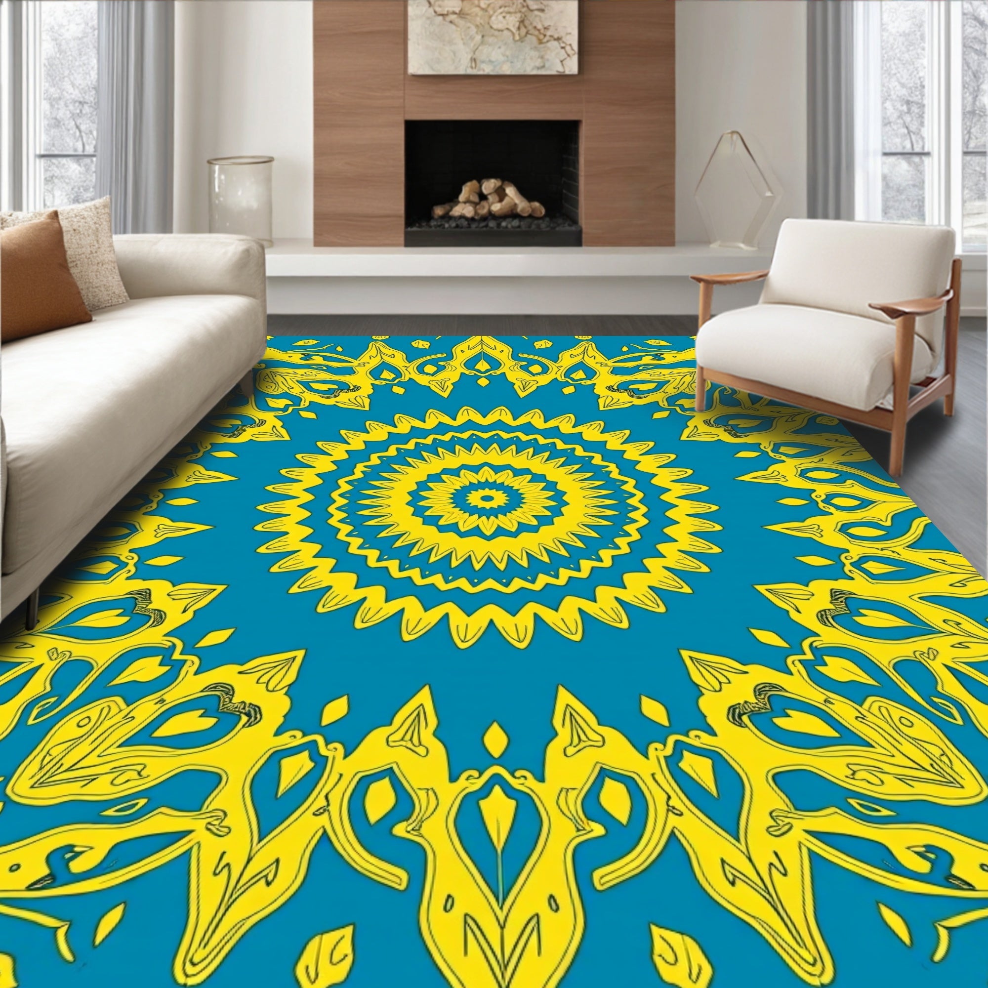Yellow Sunburst Mandala Pattern Rug