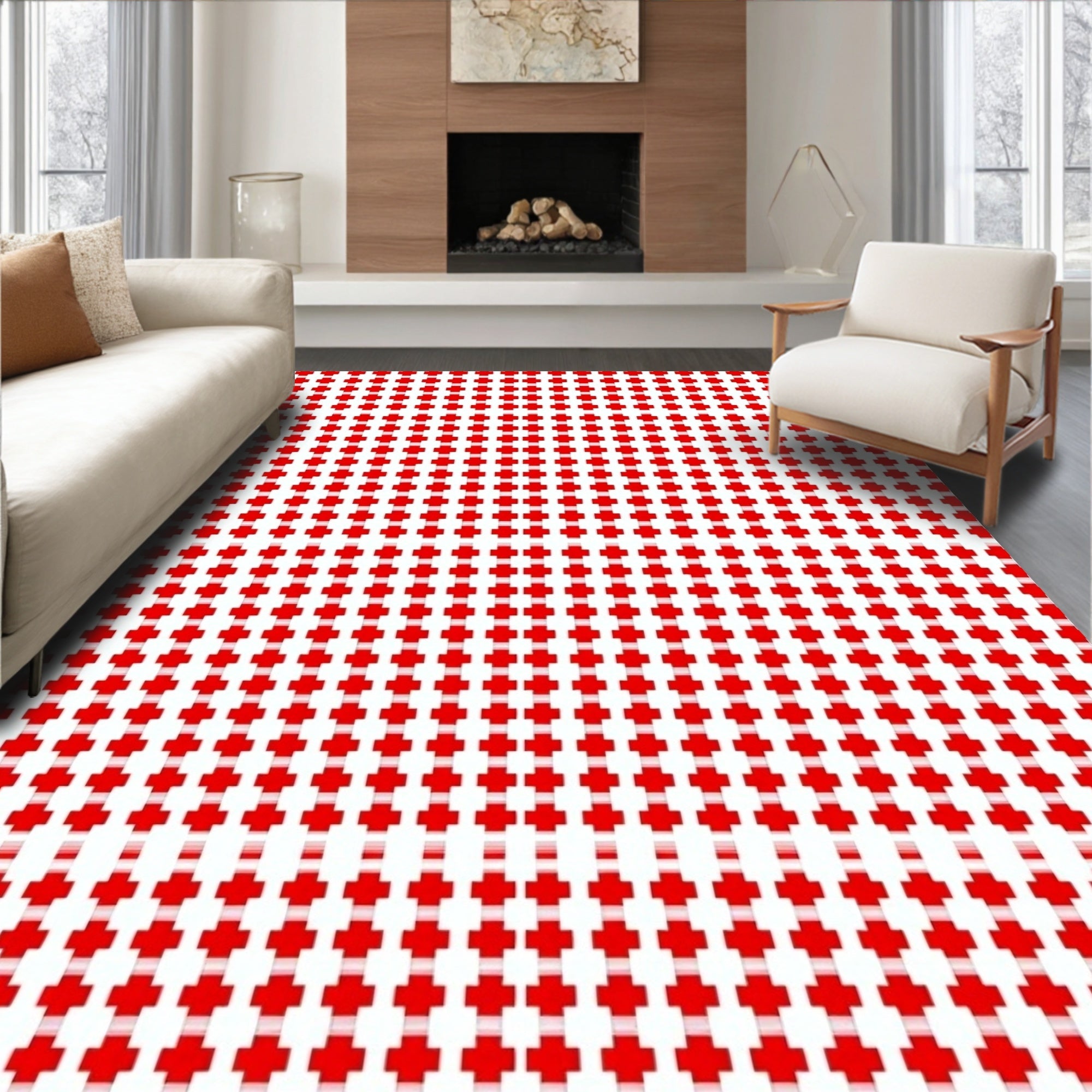 Red Cross Patterned Geometric Rug