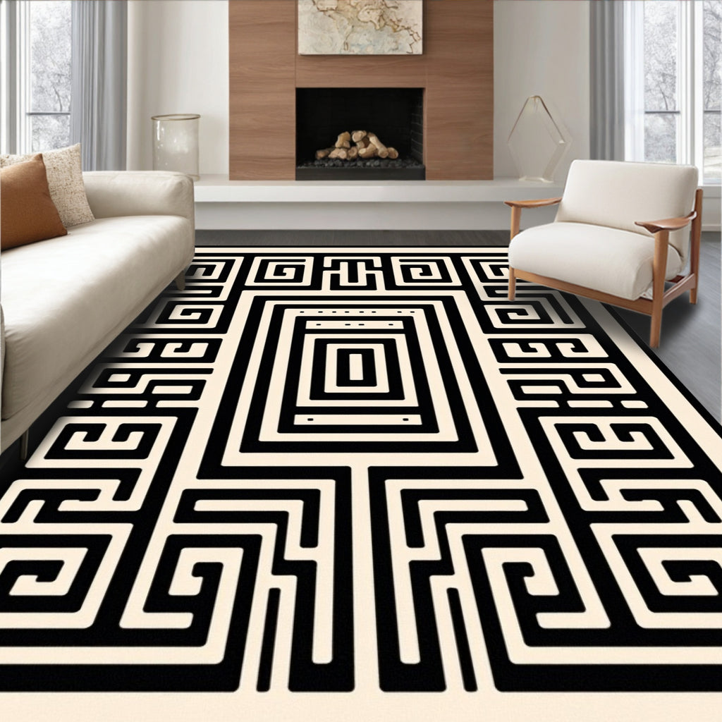 Black Abstract Geometric Maze Design Rug