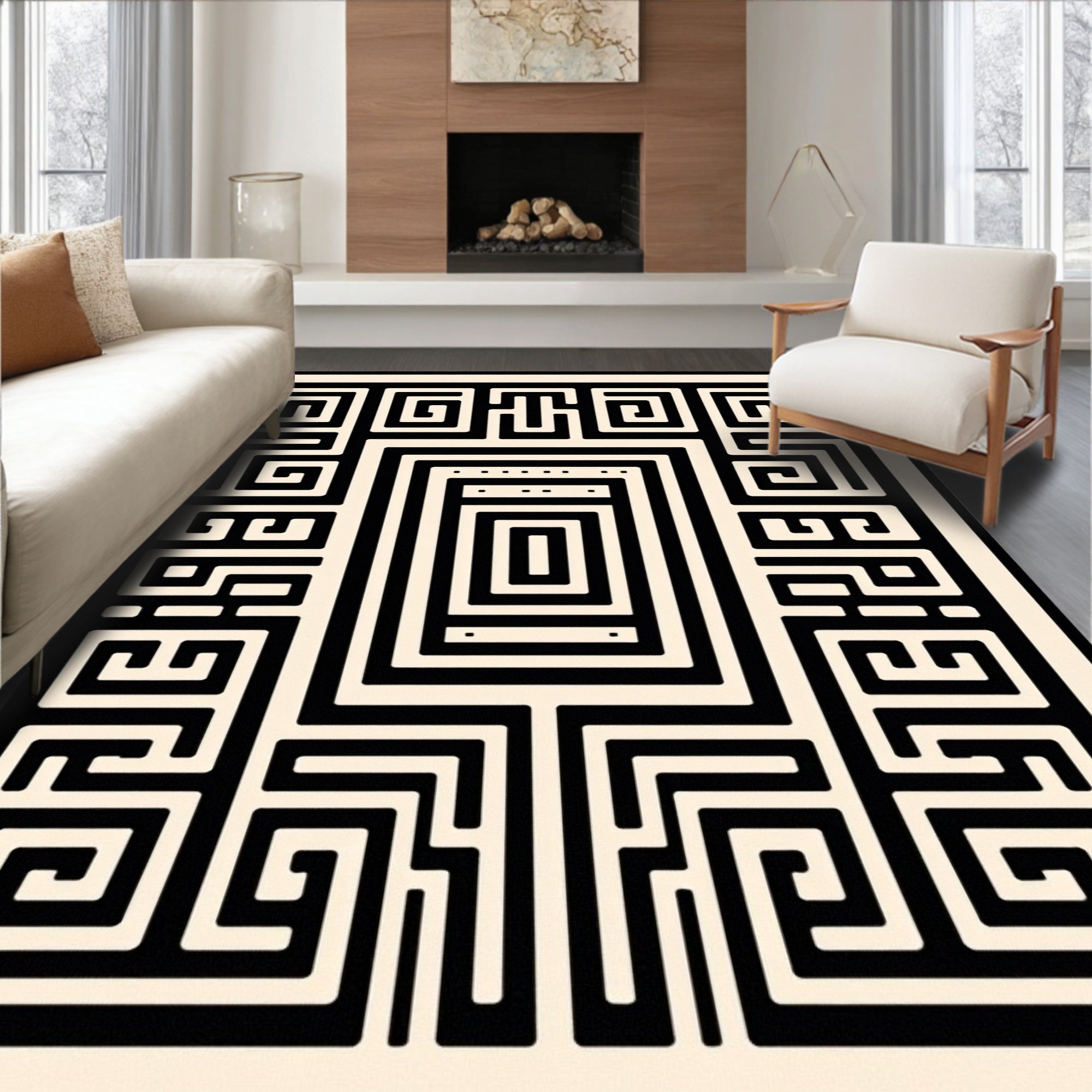 Black Abstract Geometric Maze Design Rug
