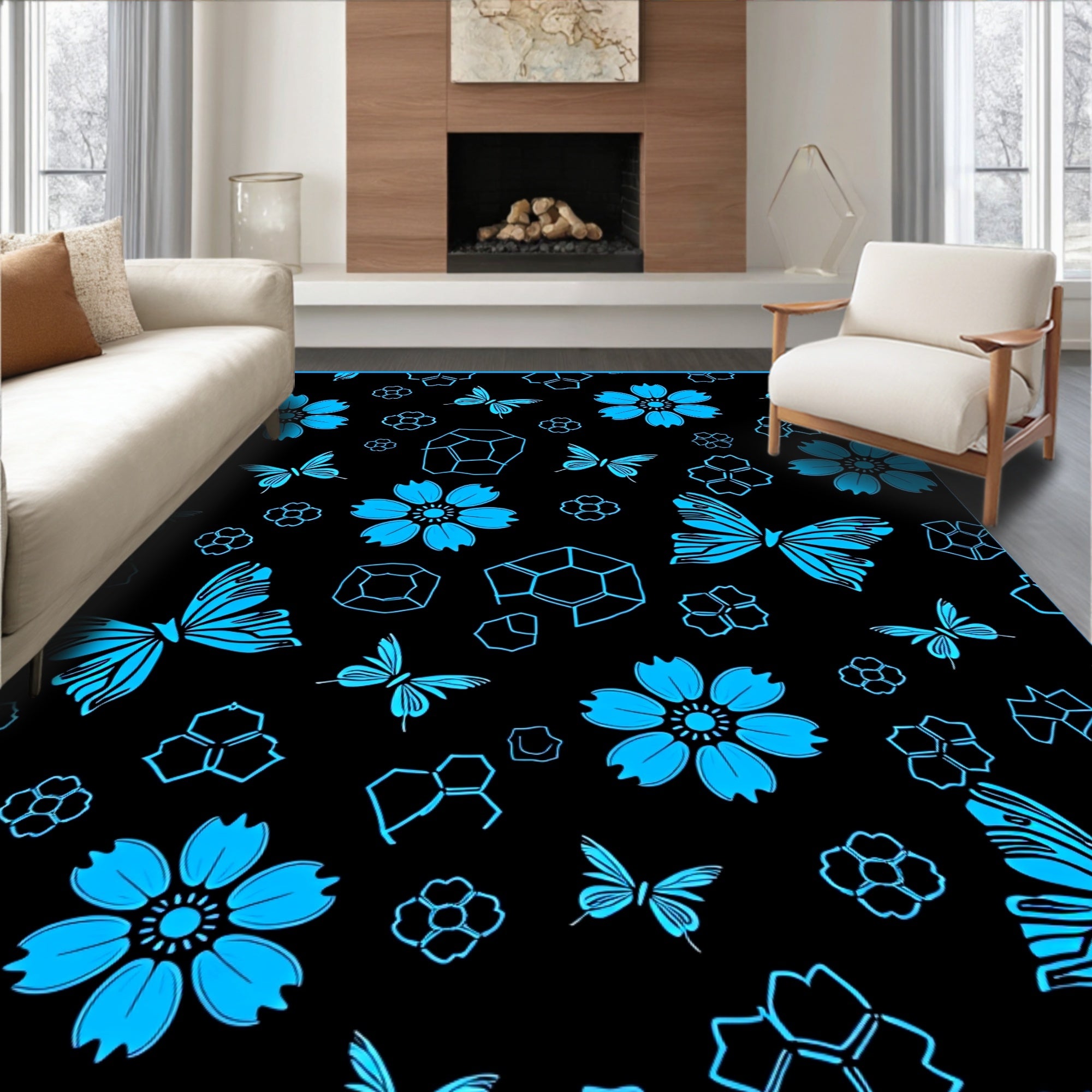 Floral Butterfly Geometric Print Rug
