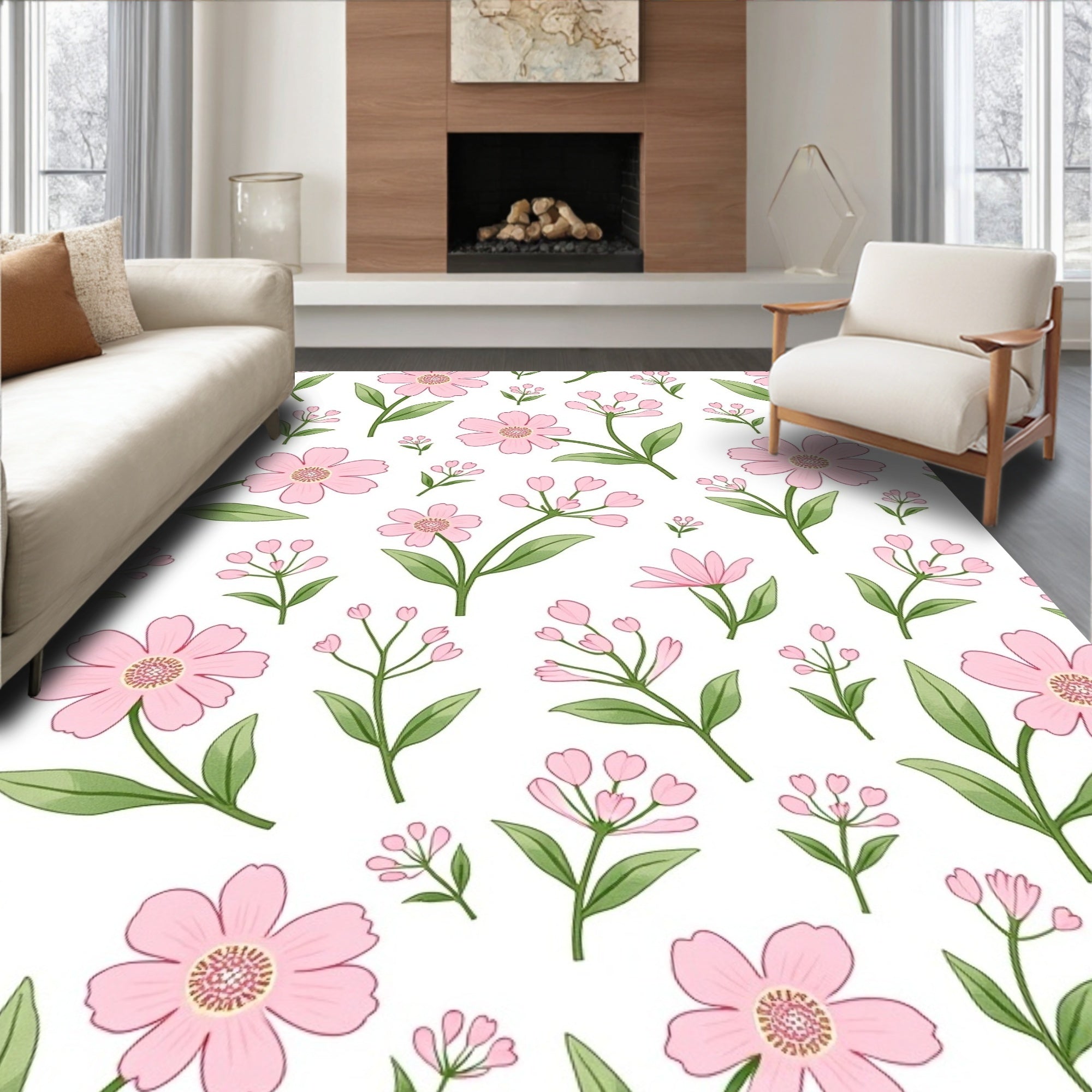 Pink Watercolor Floral Pattern Design Rug