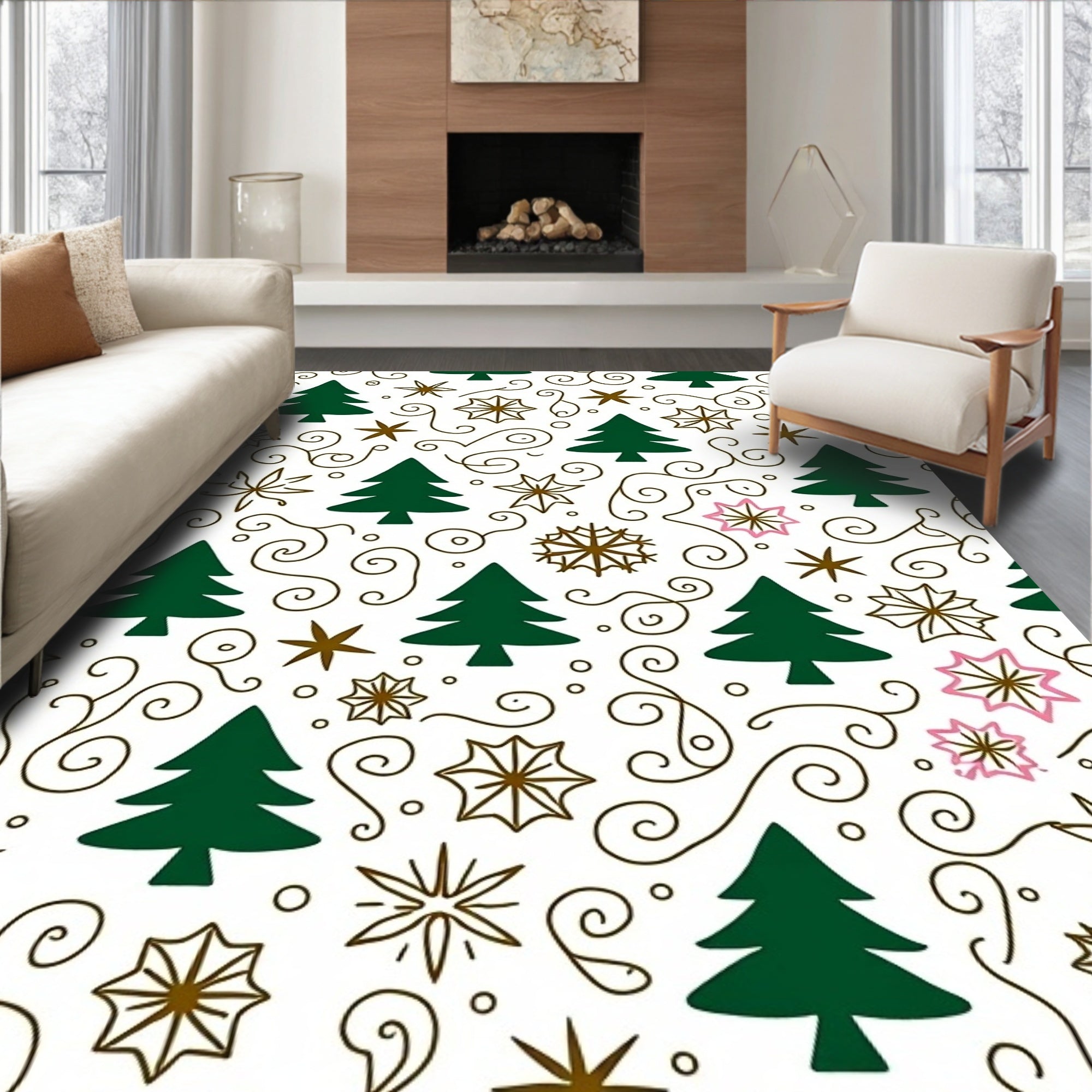 Festive Green Fir Tree Snowflake Swirl Rug