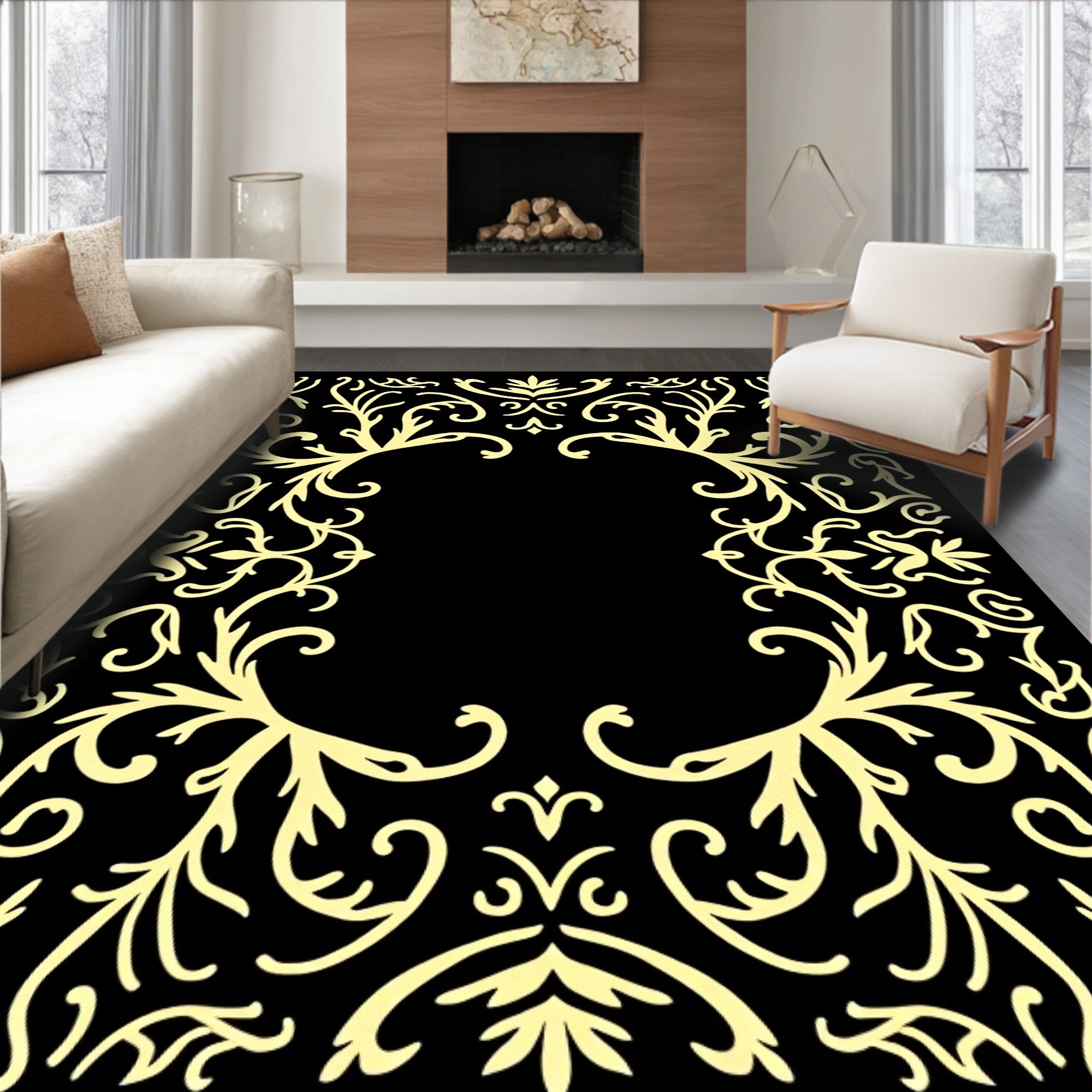 Golden Flourish Black Frame Rug