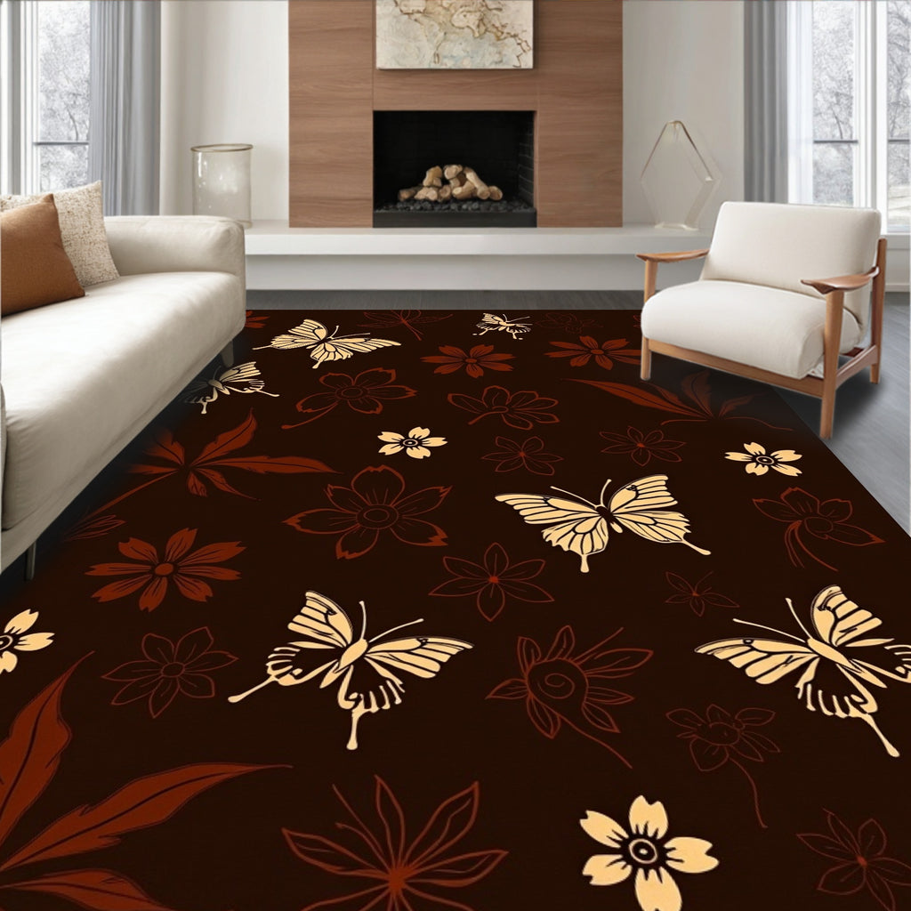 Brown Butterfly Floral Pattern Rug
