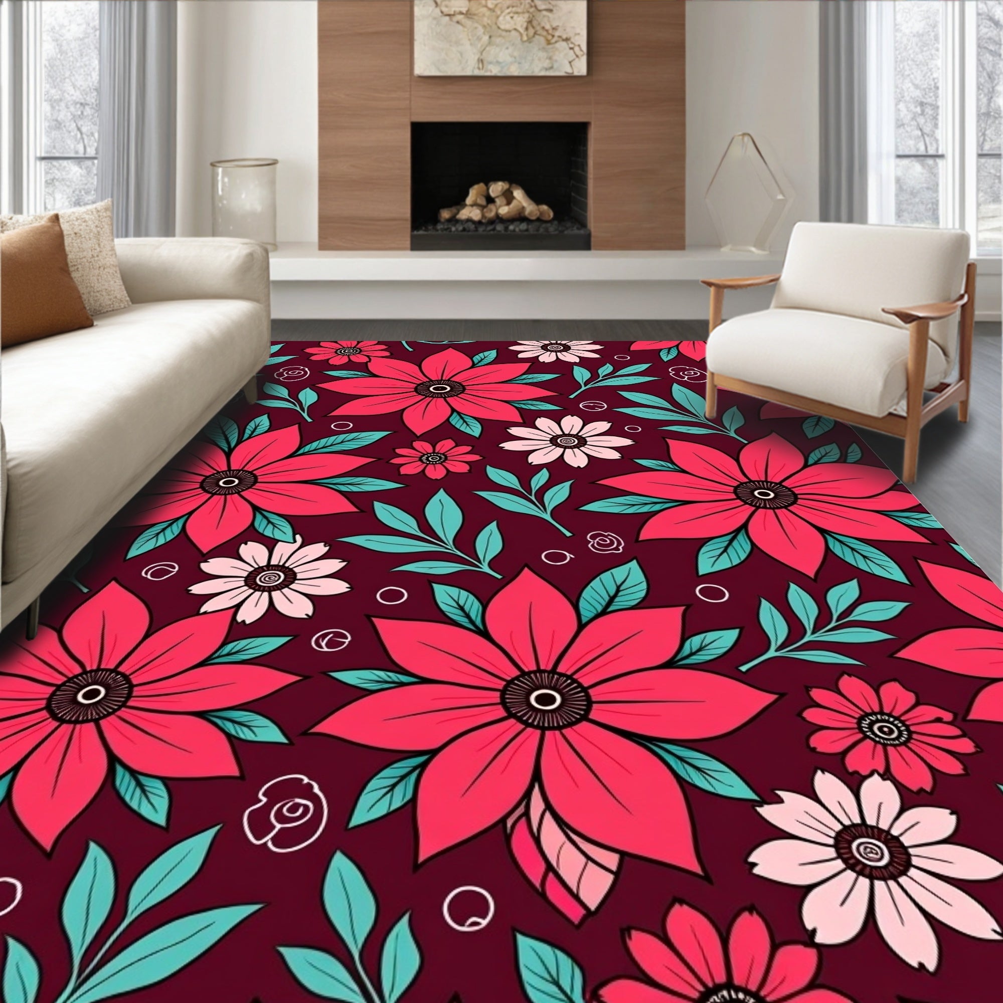 Crimson Pink Floral Foliage Arrangement Rug