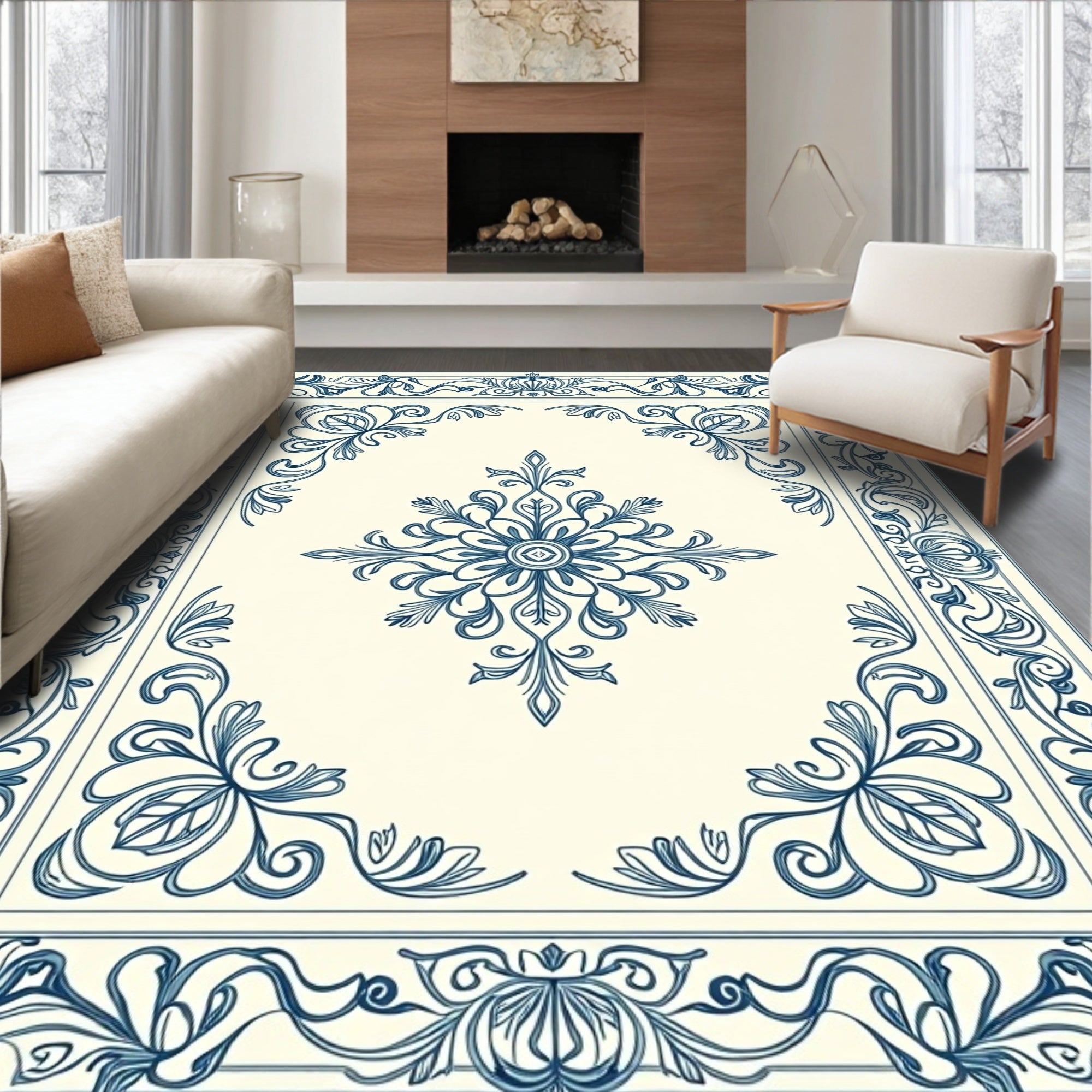 Ornate Blue Floral Border Design Rug