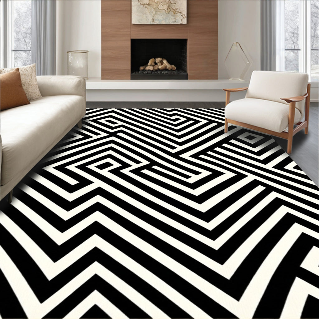 Black White Maze Geometric Design Rug