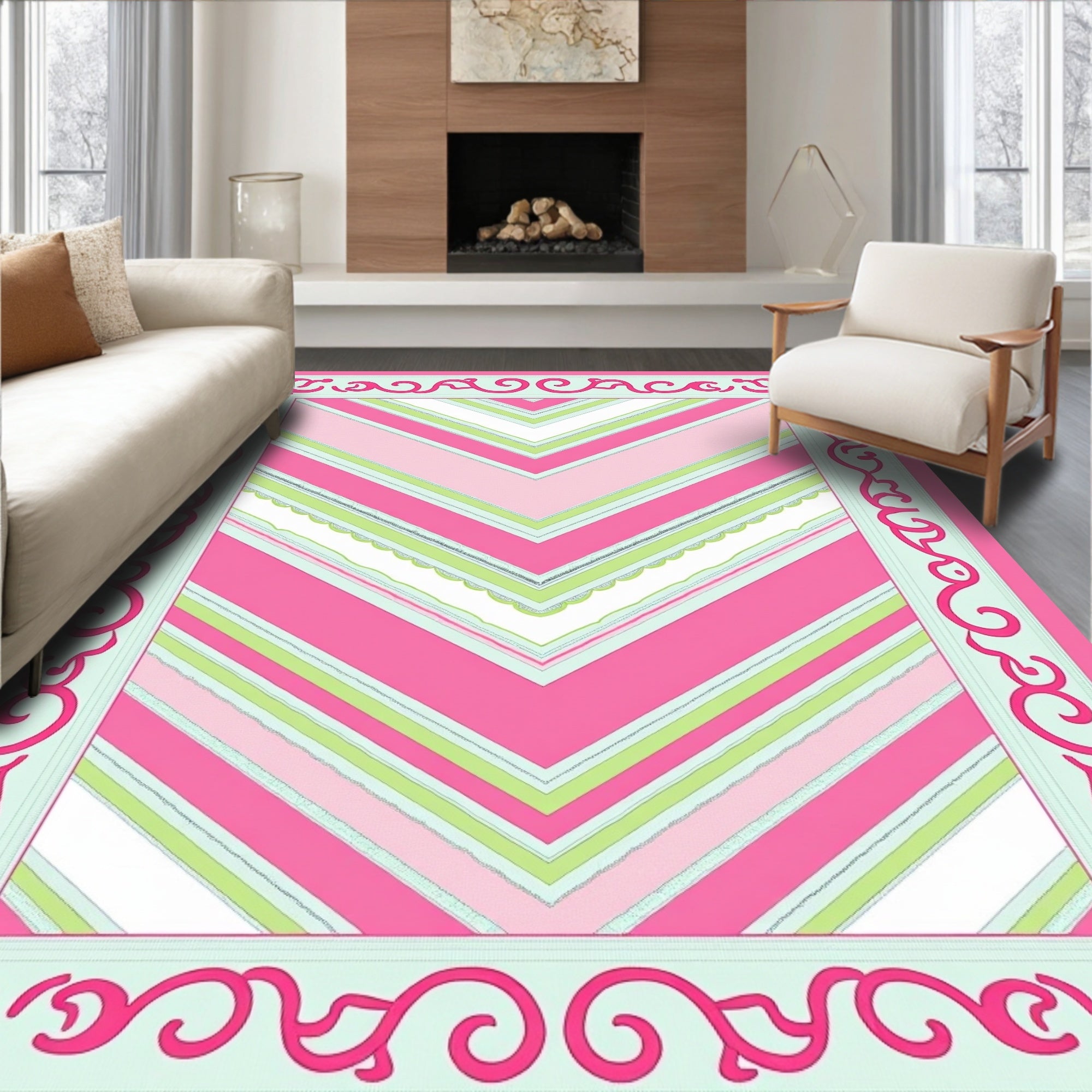 Pink Green Chevron Patterned Decorative Rug