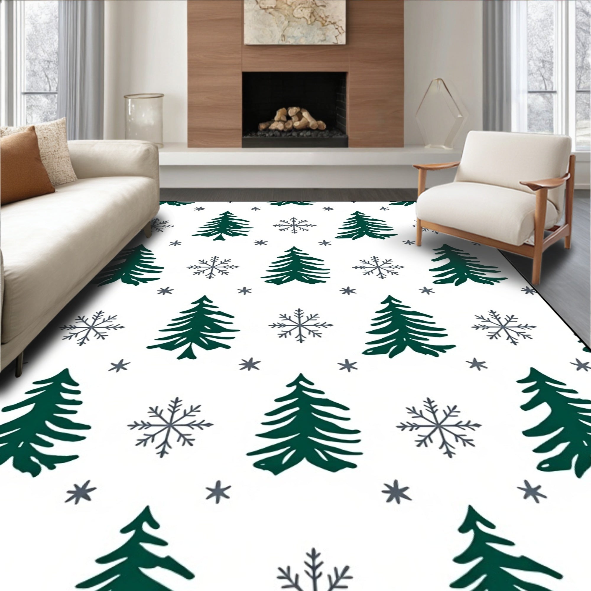 Forest Green Christmas Trees Snowflakes Rug