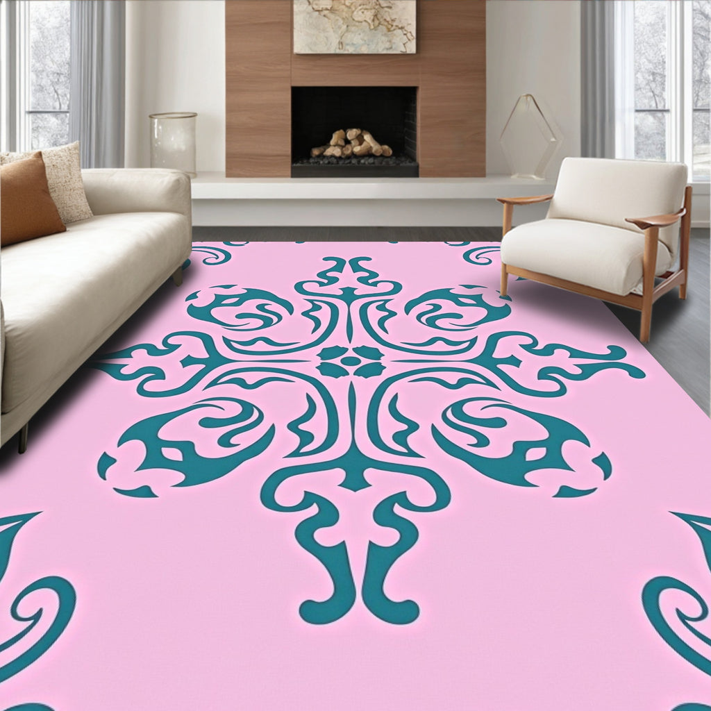 Teal Swirls Floral Pattern Rug