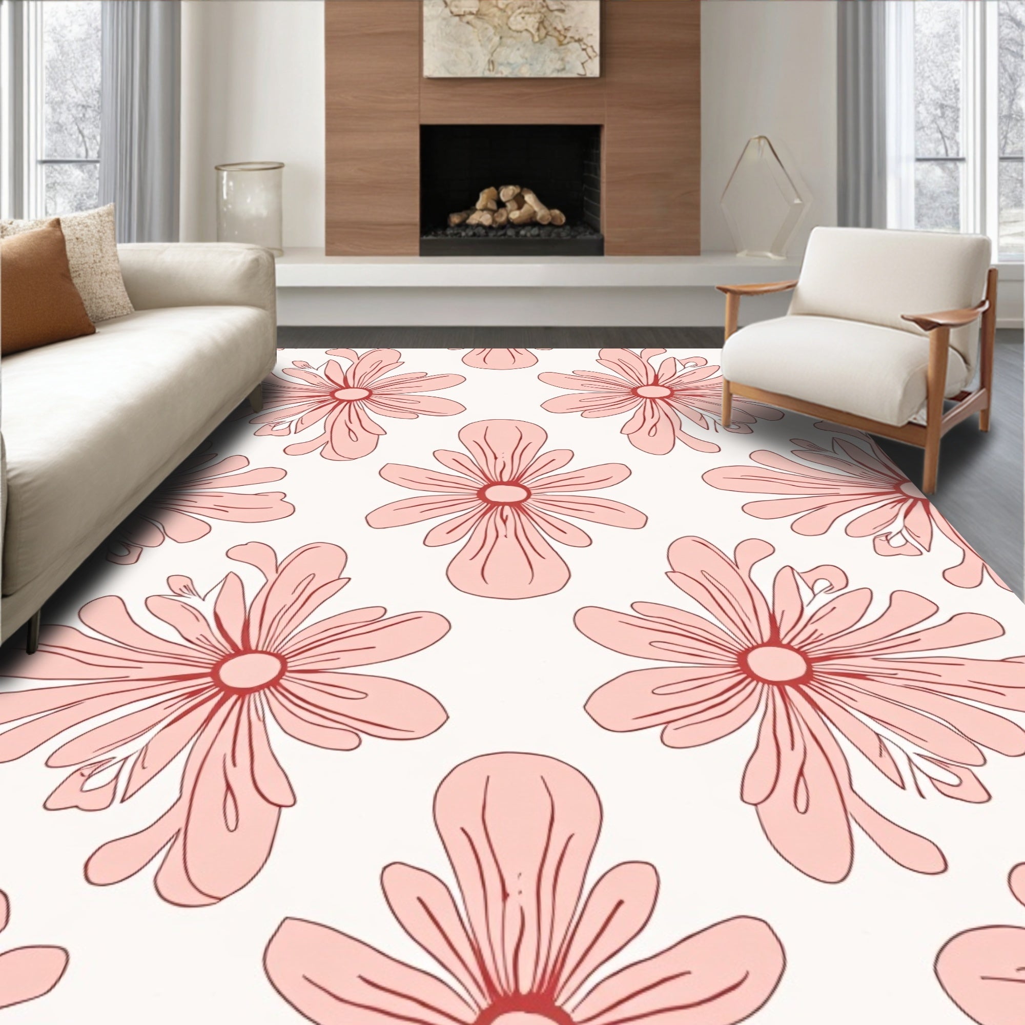 Retro Floral Outline Print Rug