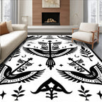 Bold Black Graphic Bird Tree Motif Rug