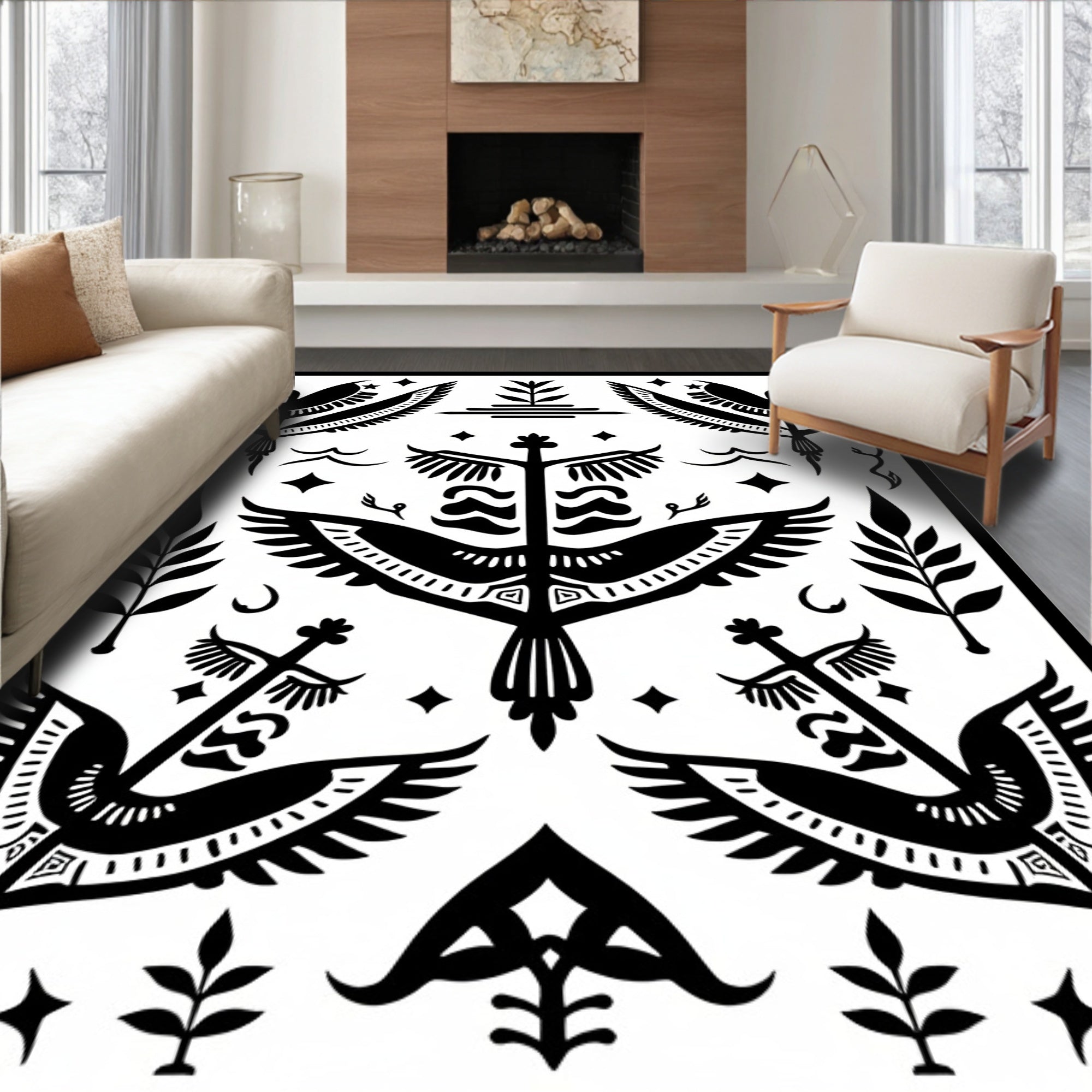 Bold Black Graphic Bird Tree Motif Rug