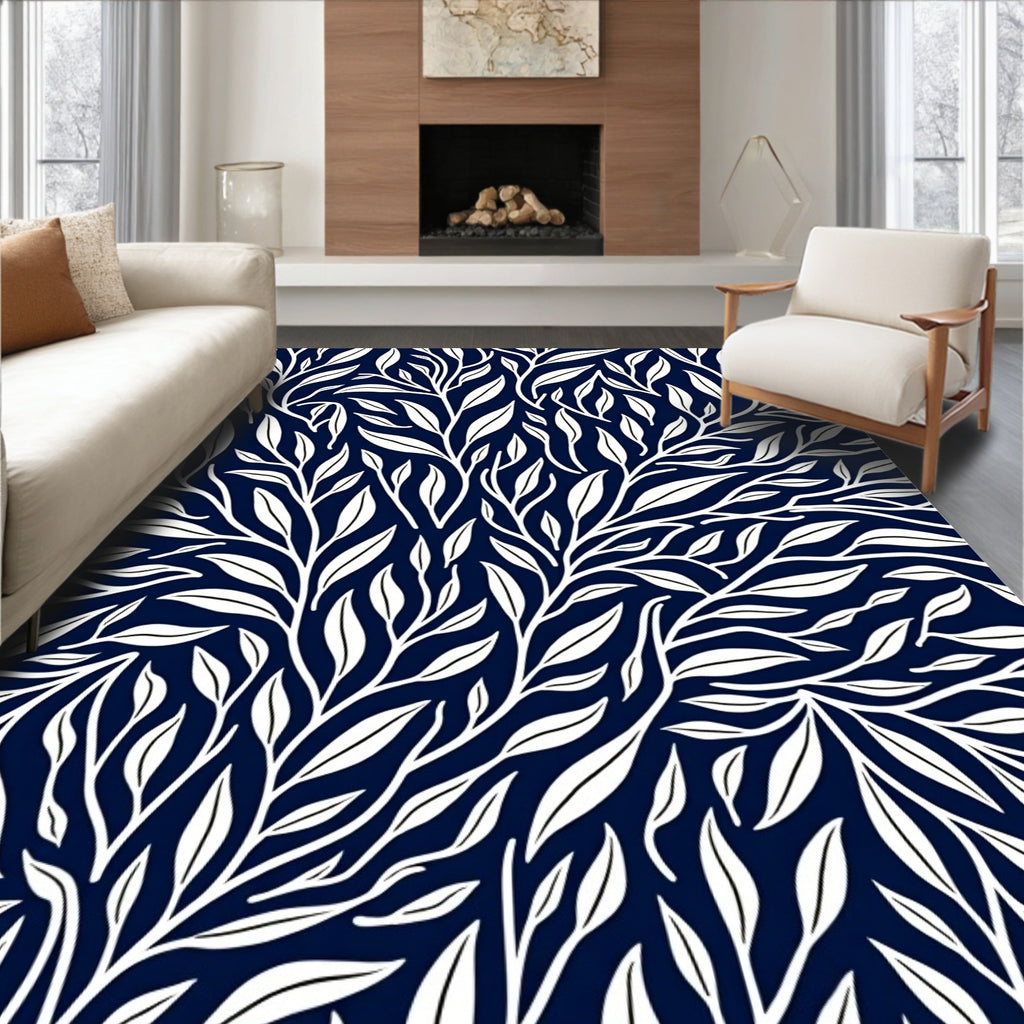 Dark Blue White Leafy Branch Pattern Rug
