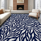 Dark Blue White Leafy Branch Pattern Rug