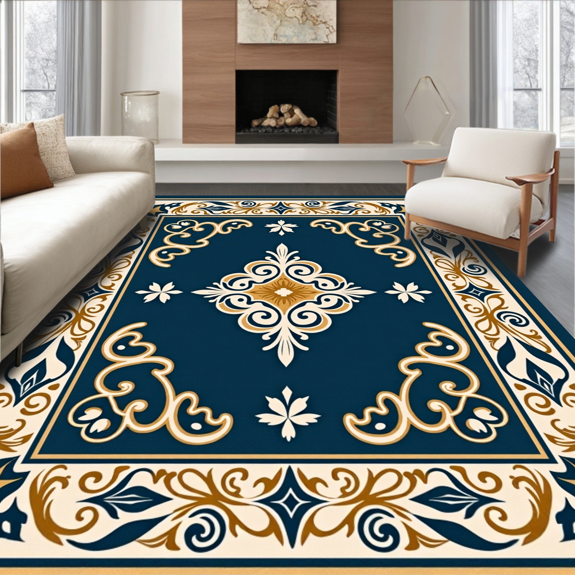 Ornate Blue Gold Scrollwork Rug