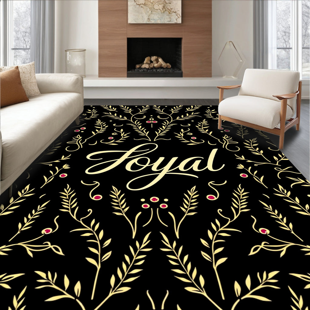 Golden Floral Black Vintage Script Rug