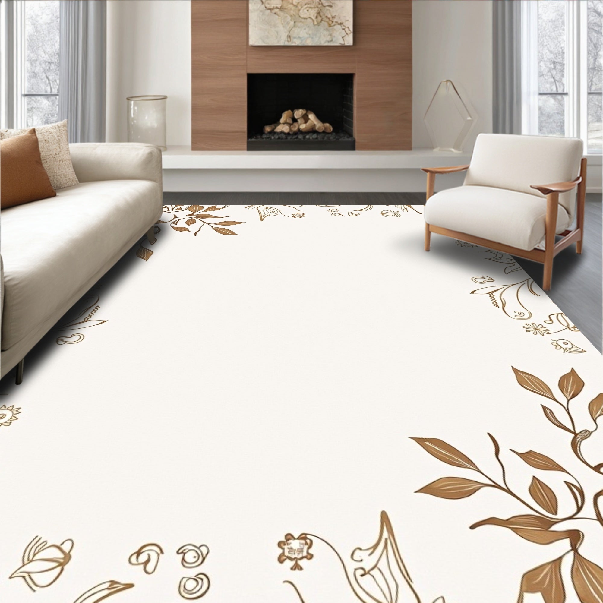 Elegant Brown Leafy Vine Pattern Rug