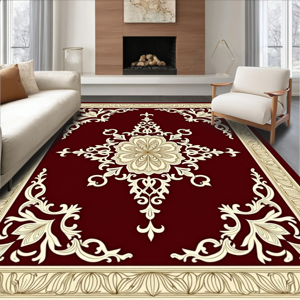 Elegant Floral Scrollwork Burgundy Rug