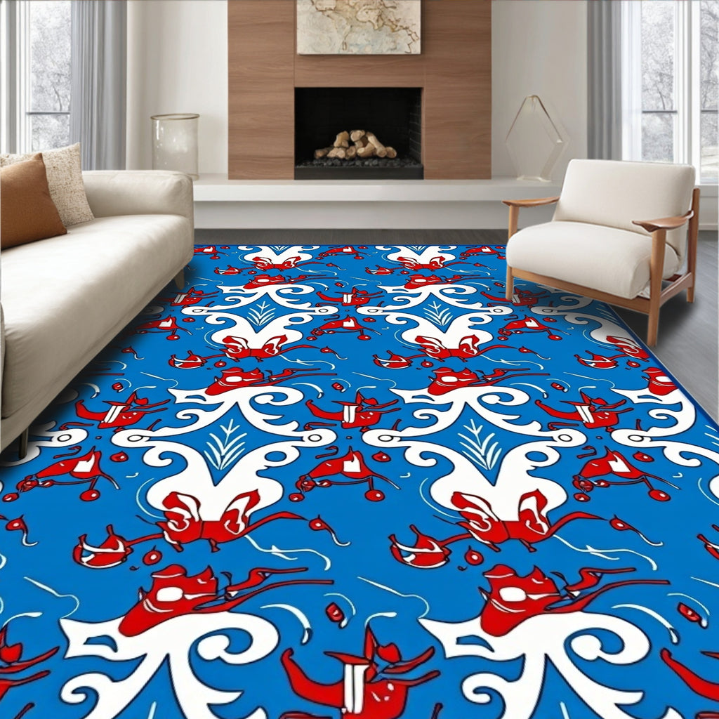 Vibrant Blue Red Swirling Rococo Rug