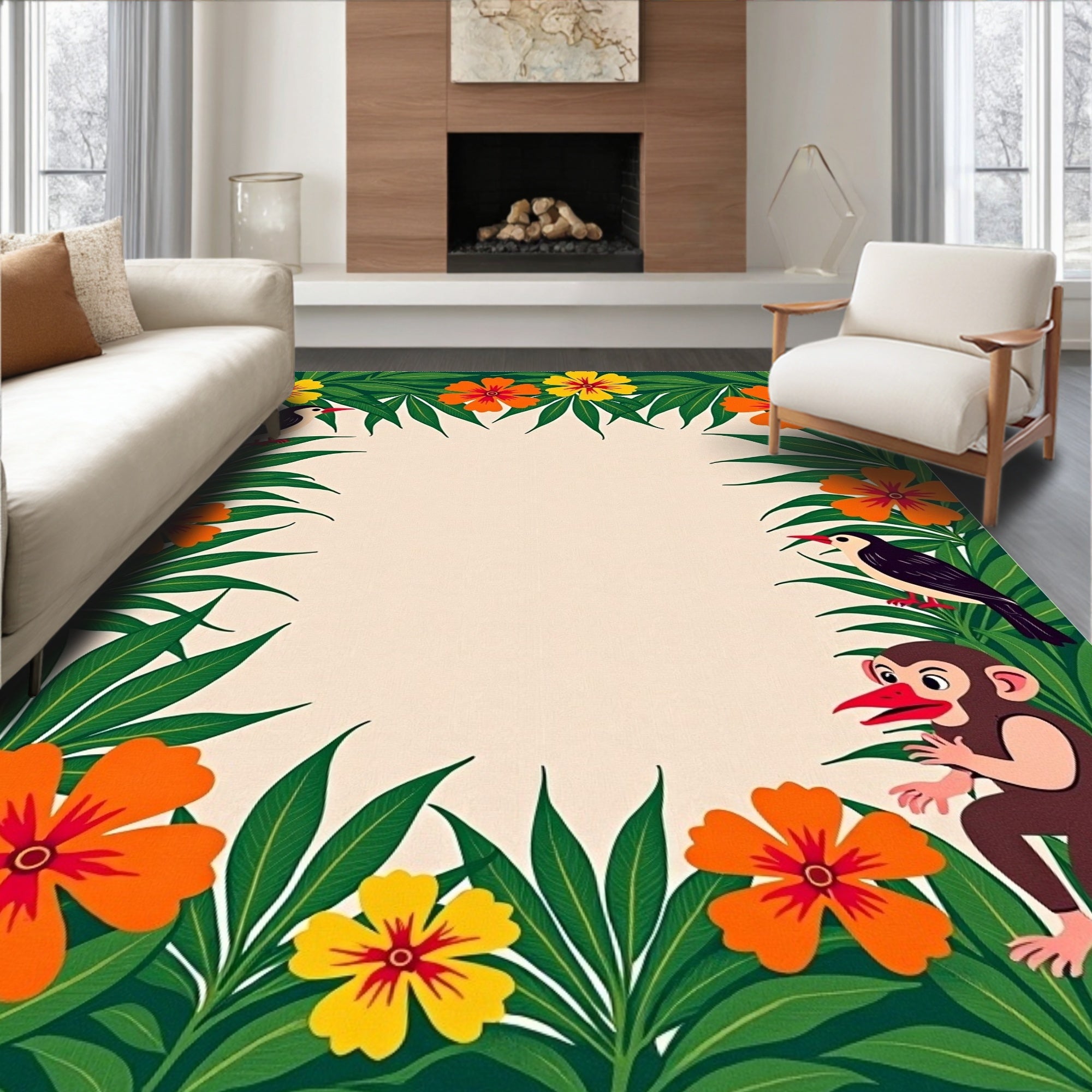 Tropical Jungle Birds and Monkey Design Rug